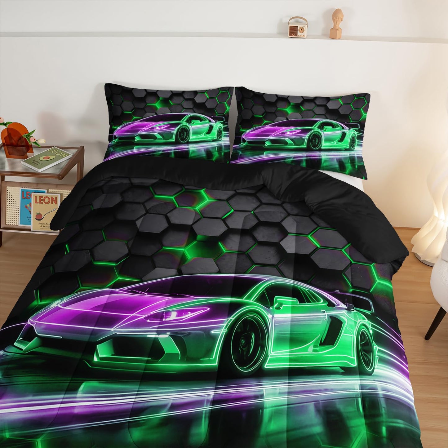 HOSIMA Kids Race Car Queen Bedding Sets,Hexagon Geometric Honeycomb Pattern Cool Extreme Sports Bedding for Boys Men Car Room Decor,Gaming Comforter with 2 Pillowcases.