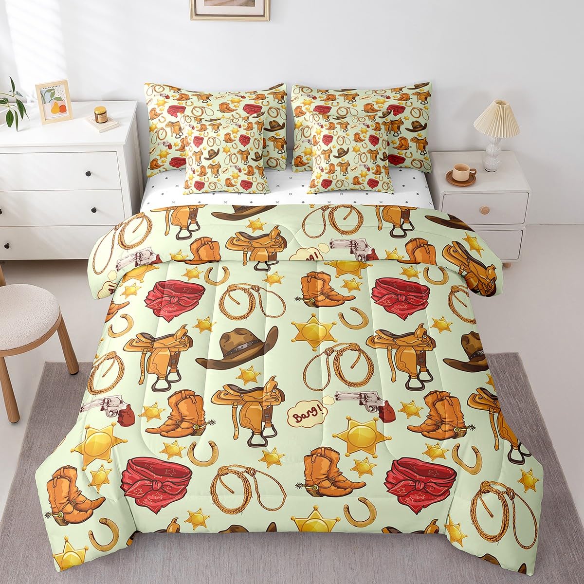 Erosebridal Cowboy Boots for Women 7 Piece Comforter Set Full Bed in a Bag,Cowboy Hat Men Bedding Sets Western Cowboy Sheet Set with Comforter