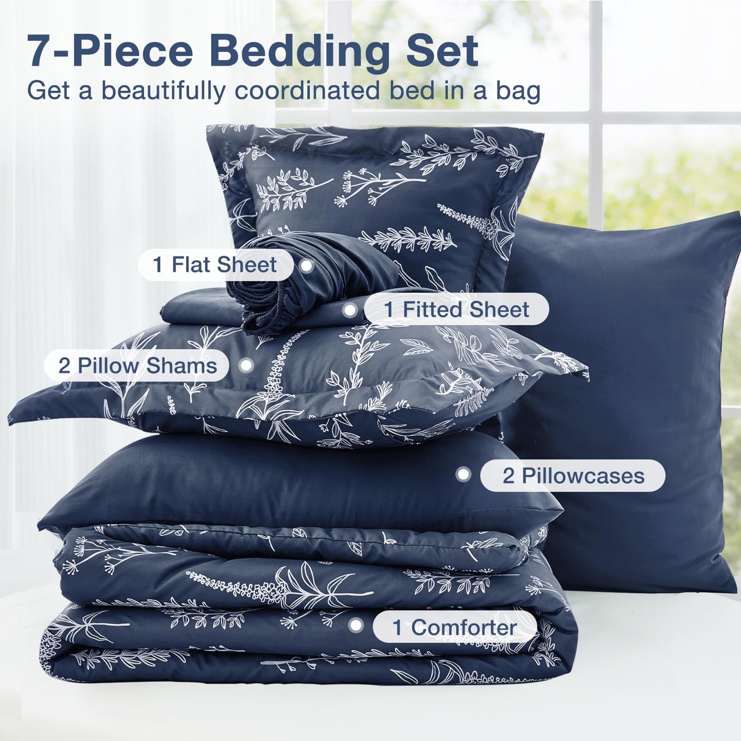 MUXHOMO Navy Blue Bed in a Bag Queen 7 Pieces, Queen Comforter Set Reversible Botanical Flowers Design, Ultra Soft & Breathable Bedding Sets with Comforter, Sheets, Pillowcases & Shams