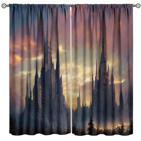 HZOHNAGO Castle Curtain Gothic Castle Dark Forest Pattern Print Decor Rod Pocket Window Drapes for Bedroom Living Room 42x45in