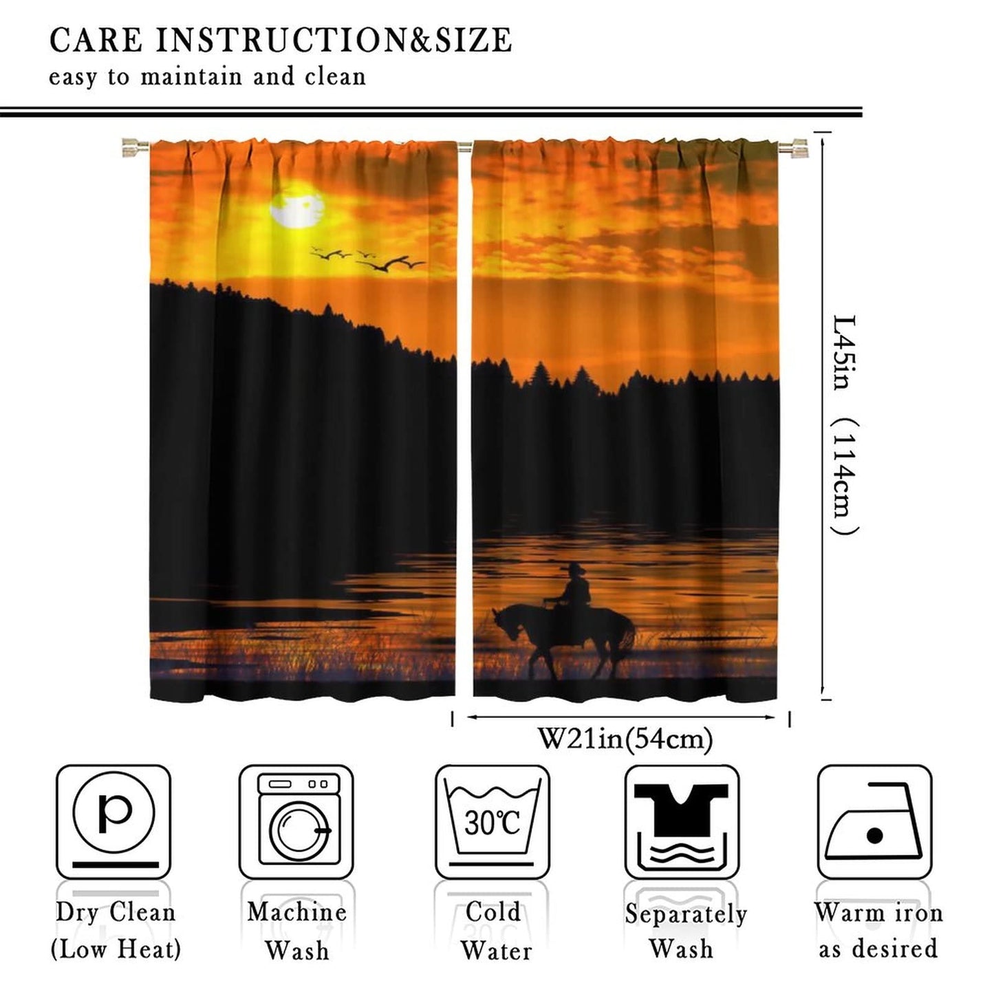 Kazynee American Cowboy Blackout Curtains for Living Room,Western Sunset Farmhouse Rustic Cowboy Riding Horse Window Drapes - Thermal Insulated and Noise Reduction,2 Panels 45L x 21W