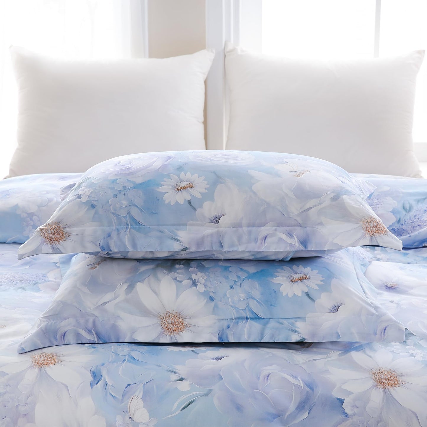 Ocharo Floral 100% Cotton Duvet Cover King Size,Reversible Blue White Daisy Comforter Cover with Zipper Closure,Soft 3 Pieces Luxury Cotton Bedding Sets with 2 Pillow Shams (20"x36")