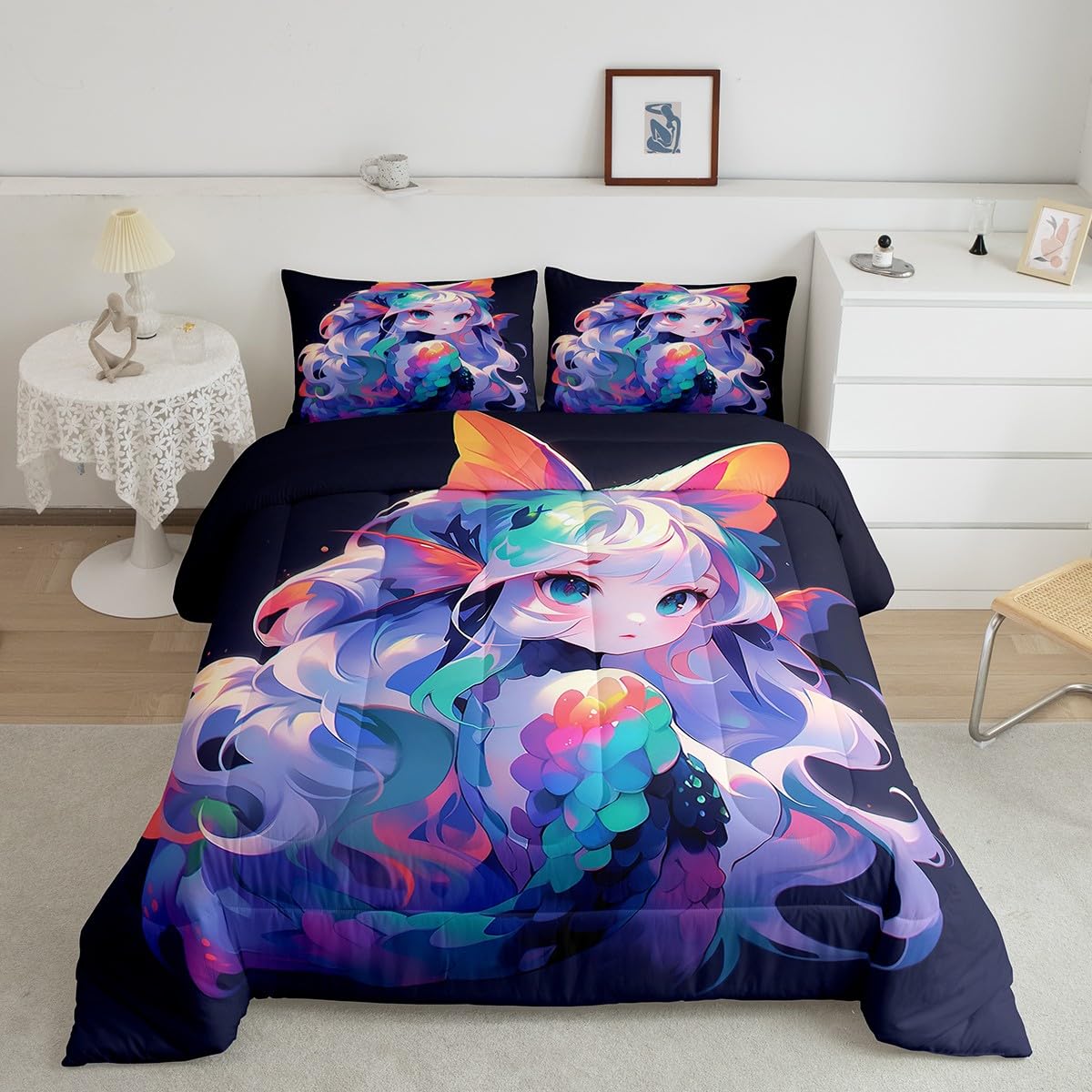 Erosebridal Girls Bedding Anime Gifts Comforter Set 3D Printing Bedding Comforter Sets, Cartoon Printed Comforter for Kids Kawaii Japanese Girl Duvet Insert with 1 Pillow Case (Twin)