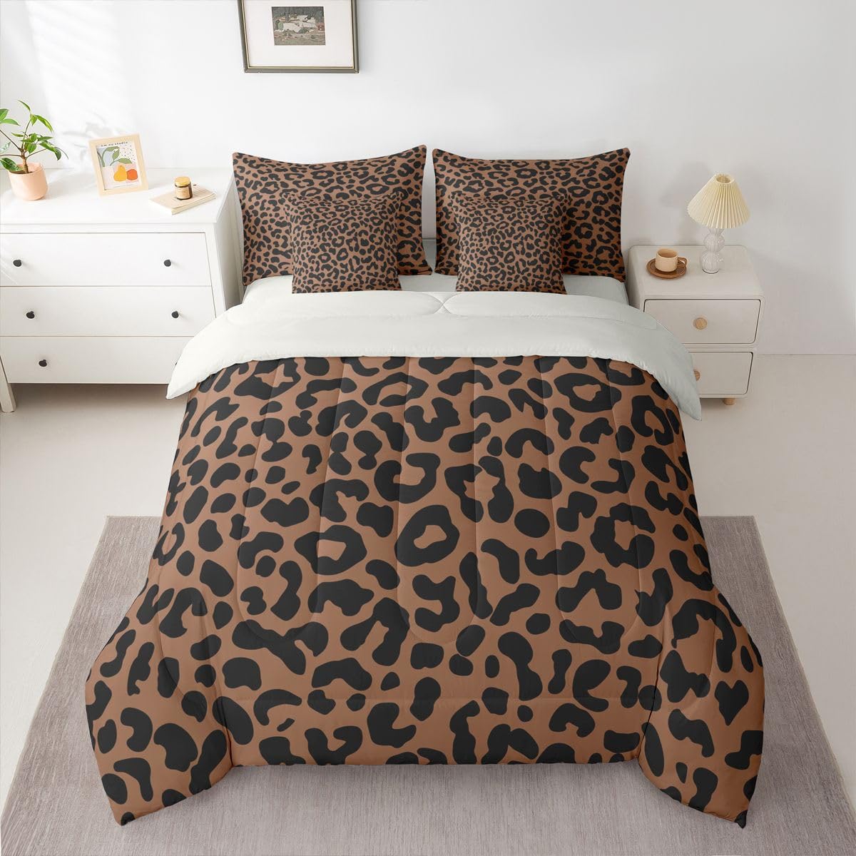 Erosebridal Leopard Print King Bedding Set 7 Piece for Boys Brown Cheetah Decor Bed in A Bag for Kids Teens Youth Adult African Safari Animal Comforter Set with Sheet Cat Panthera Bed Sets