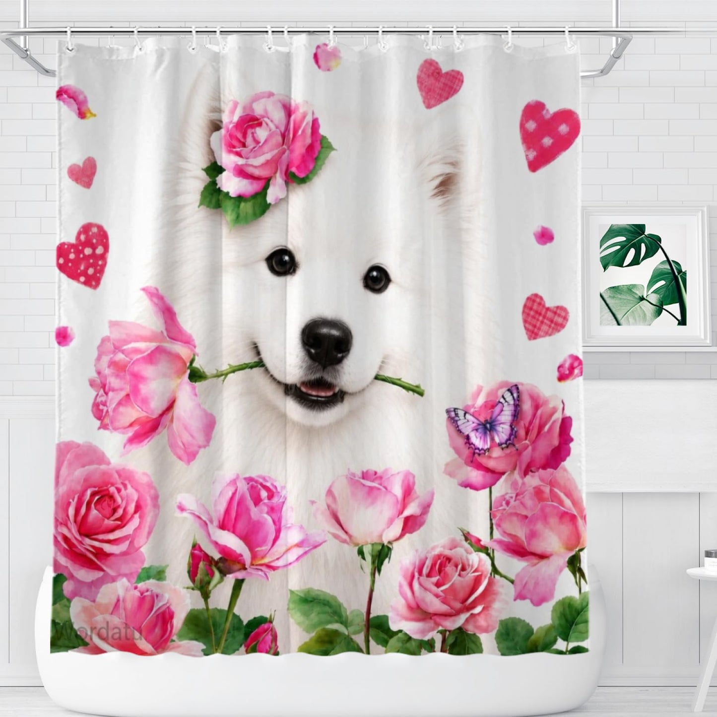 Wordatu Spring Summer Samoyed Rose Shower Curtain, Bathroom Decor Fabric Polyester Waterproof 12 Hooks 72Wx72H Inch for Bathtub and Bathroom