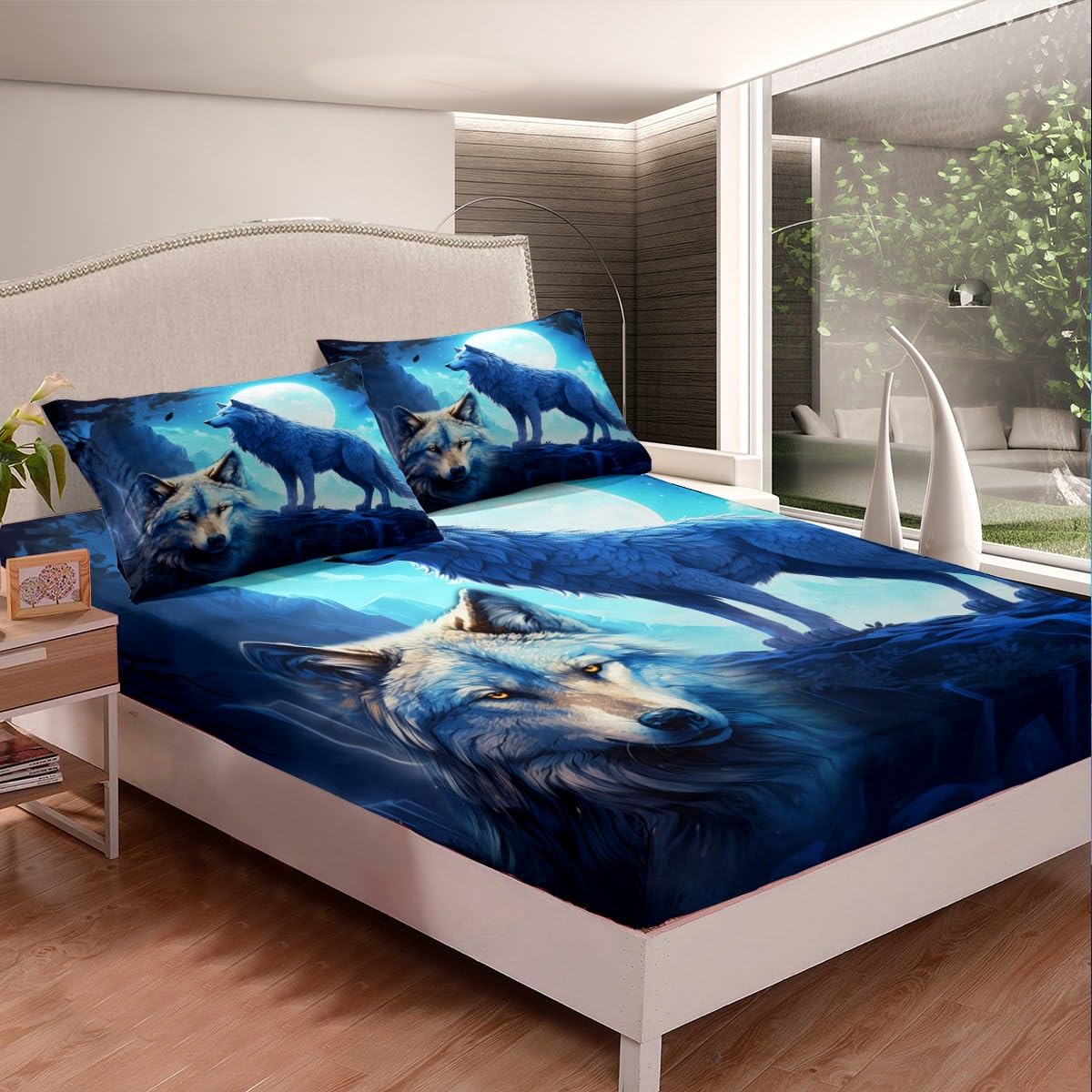Wild Wolf Fitted Sheet Queen Size,Moon Night Scenery Bedding Set 3Pcs for Kids Teens Boys Adult Bedroom Decor,Nature Animals Bed Sheet Mountain and Tree Silhouette Deep Pocket Sheet,2 Pillowcases