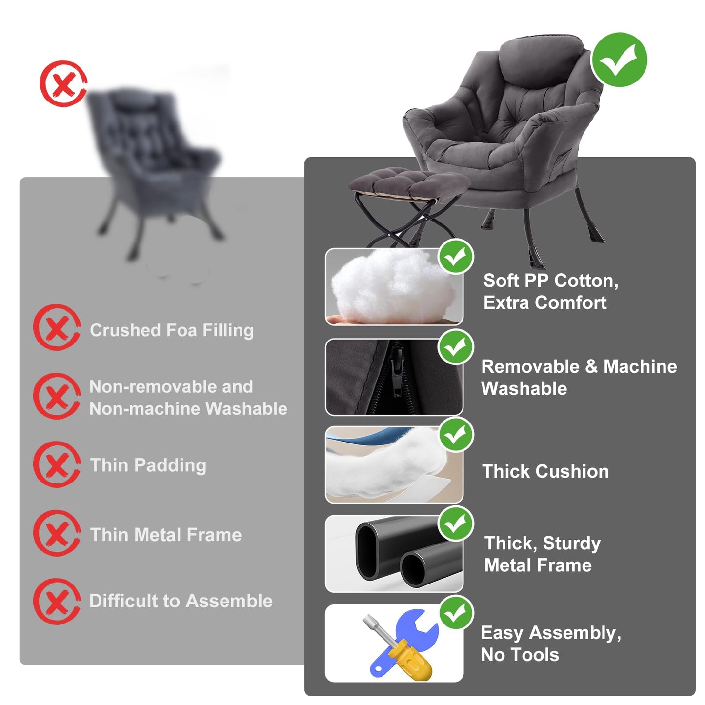 Furlide Lazy Chair with Ottoman, Modern Chair with Folding Footrest, Dark Grey Accent Chair, Comfortable Reading Chair, Oversized Armchairs for Bedroom, Study, Living Room, Courtyard