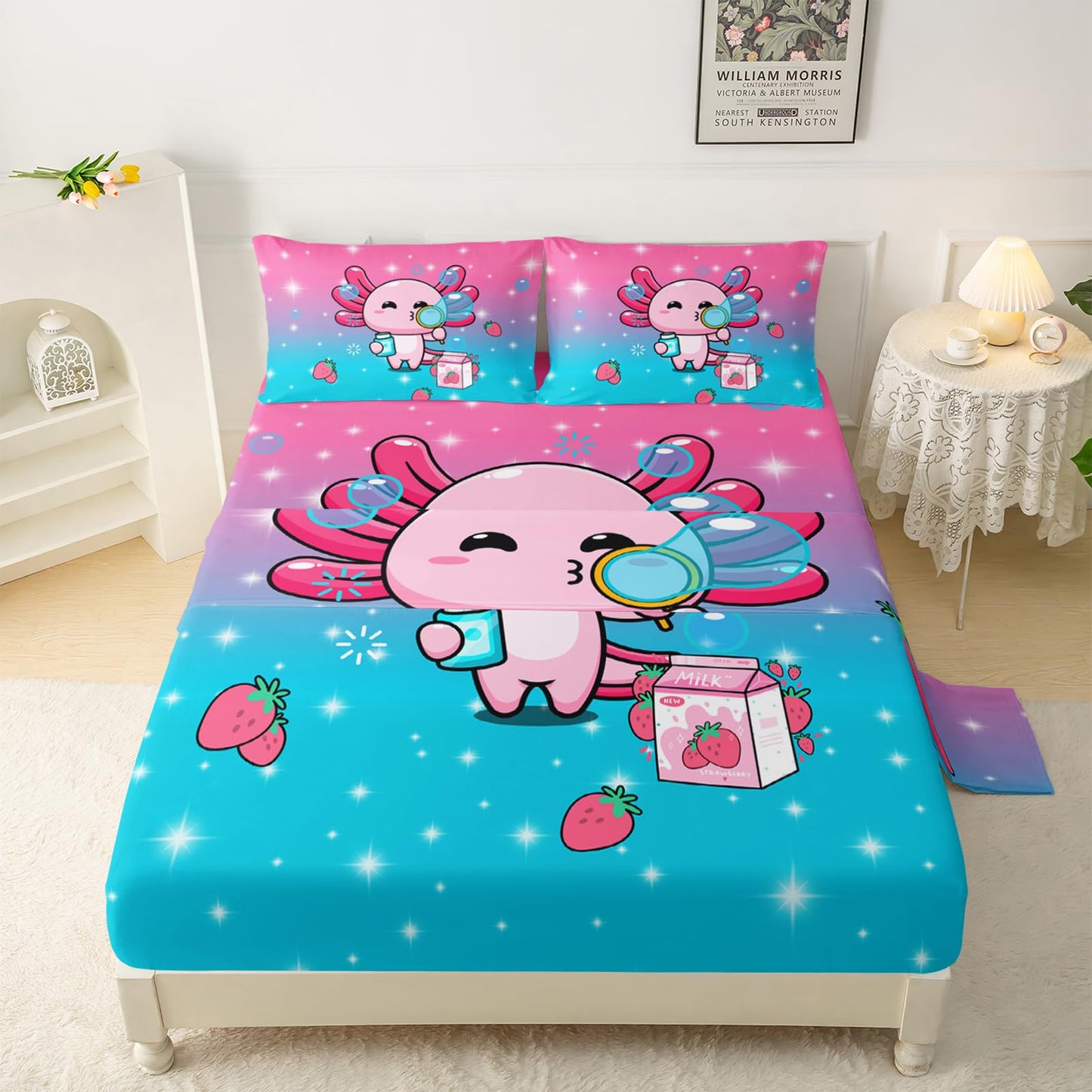 QOOMO Kawaii Axolotl Sheet Set,Pink Salamander Kids Bed Sheets,Strawberry 16" Deep Pocket Bed Sheet Set for Boys/Girls/Kids/Teens，1 Fitted Sheet,1 Flat Sheet and 2 Pillowcases，Twin Size