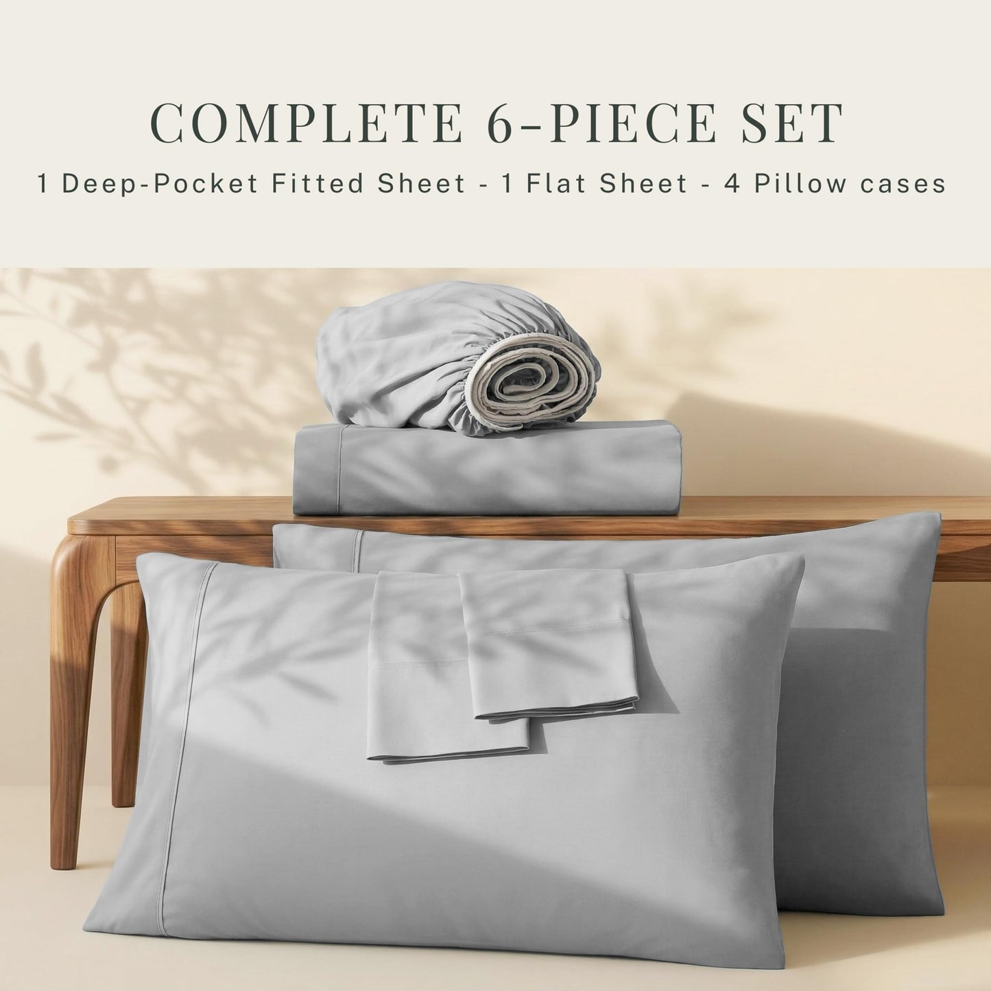 Hearth & Harbor Extra Deep Pocket Queen Sheets Sets - Fits Mattress 18-24 Inches Deep - Extra Deep Pocket Sheets - 6 Piece Queen Size - Silver