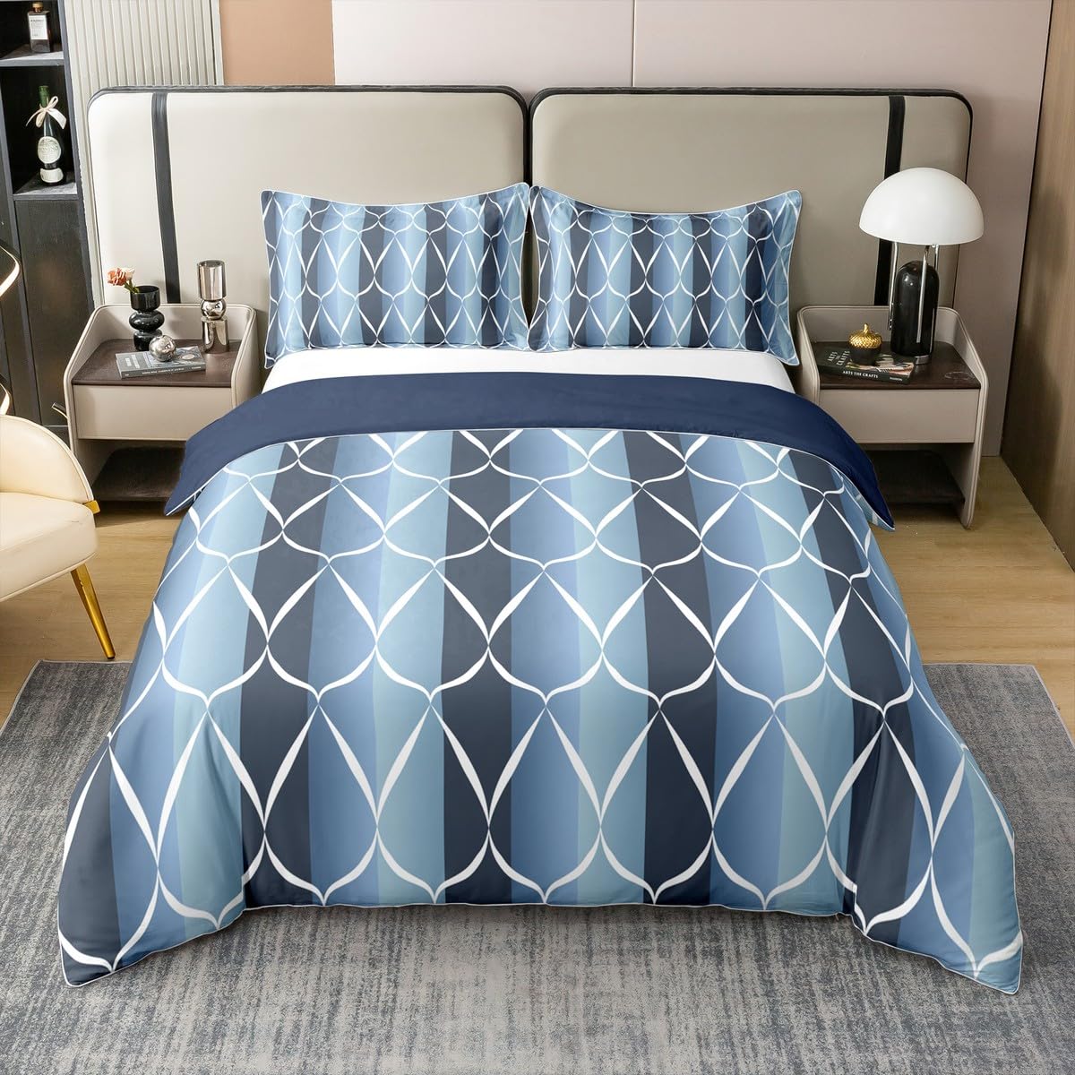Erosebridal 100% Cotton Aegean Blue Abstarct Duvet Cover Queen for Adult Women Men Geometric Striped Comforter Cover for Minimalists Aesthetic Lines Bedding Set Contemporary Boho Modern Art Bed Set