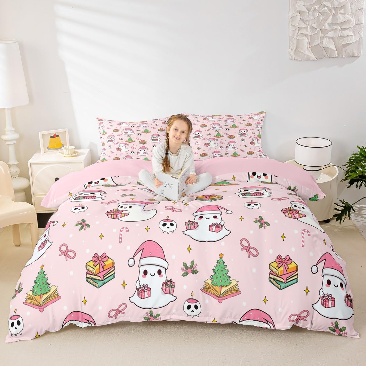 Christmas Ghost Duvet Cover Set Twin Size,Pink Santa's Hat Bedding Sets 2Pcs for Kids Girls Boys Adult Room Decor,Cartoon Christmas Tree Comforter Cover Candy Stars Print Quilt Cover,1 Pillowcase