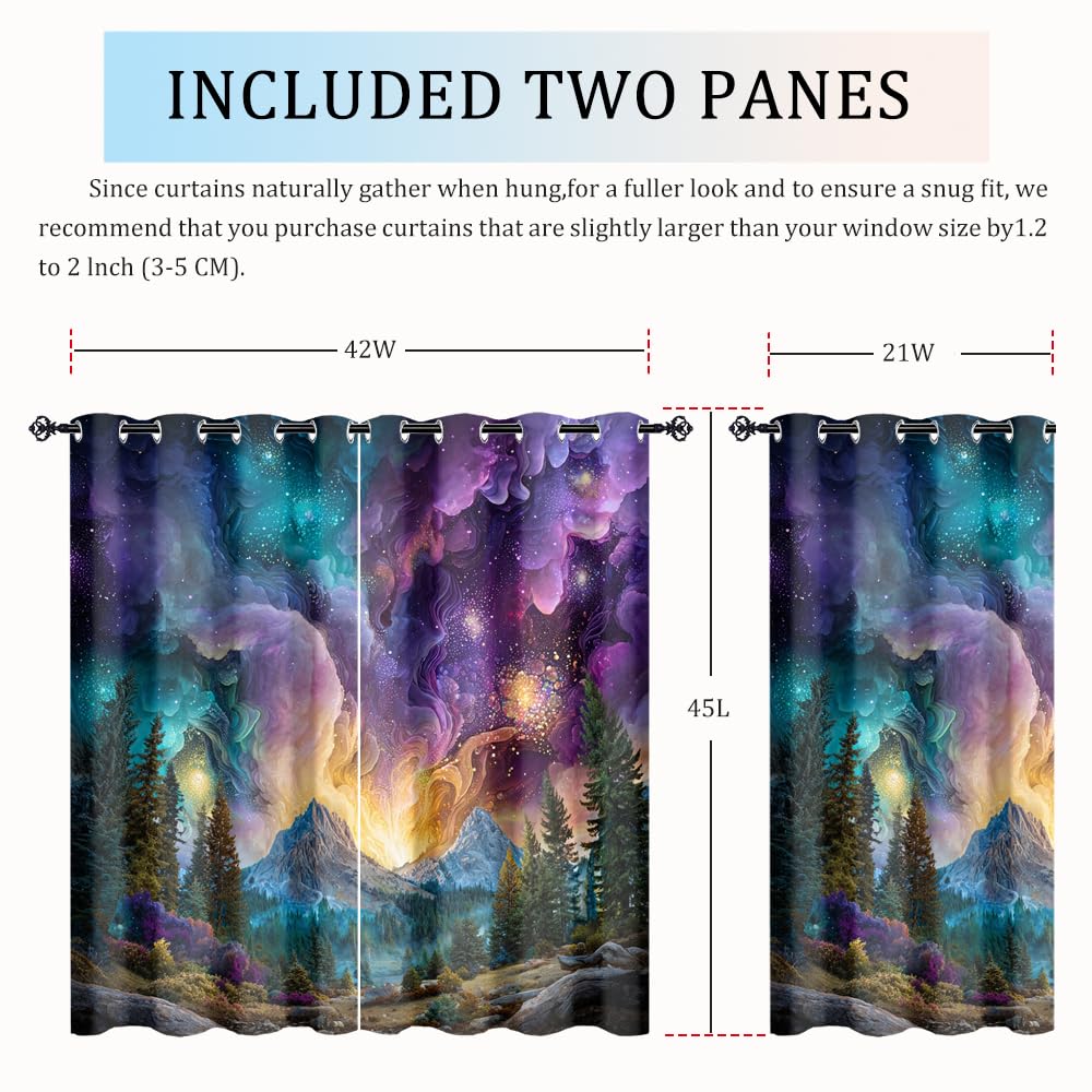 XSUPFLYM Beautiful Realistic Starry Sky Window Blackout Curtains Modern Fantasy Galaxy Nebula Landscape Mountain Plant Pine Forest Thermal Curtains Suitable for Bedroom 2 Panels.Each 21" W x 45" L