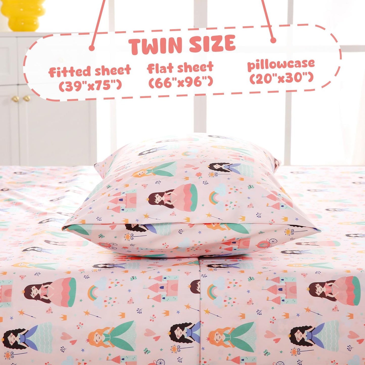 LONAVA Twin Sheet Set Kids - 3 Pieces Soft Microfiber Cartoon Style Bedsheets for Boys Girls Teens, Oeko TEX, Breathable Deep Pocket Sheets, (Princess)
