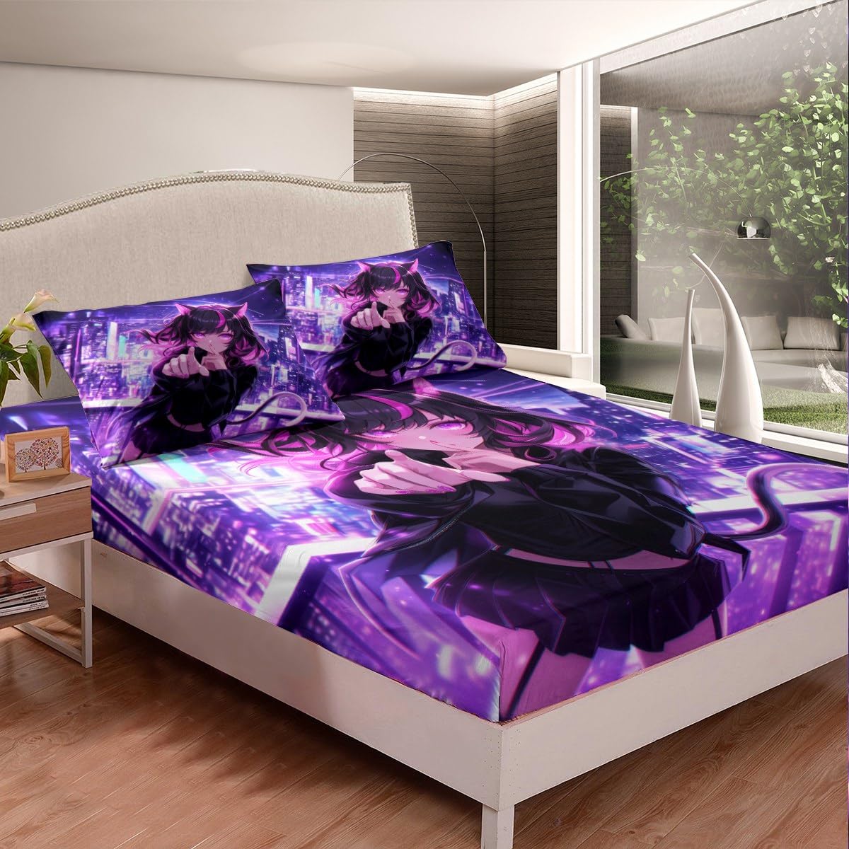 Erosebridal Kids Anime Girl Full Size Bed Sheets, Japanese Anime Fitted Sheet, Cartoon Girl Bedding Set for Boys Teens Bedroom Decor, Kawaii Japanese Animation Bed Set with 2 Pillow Cases