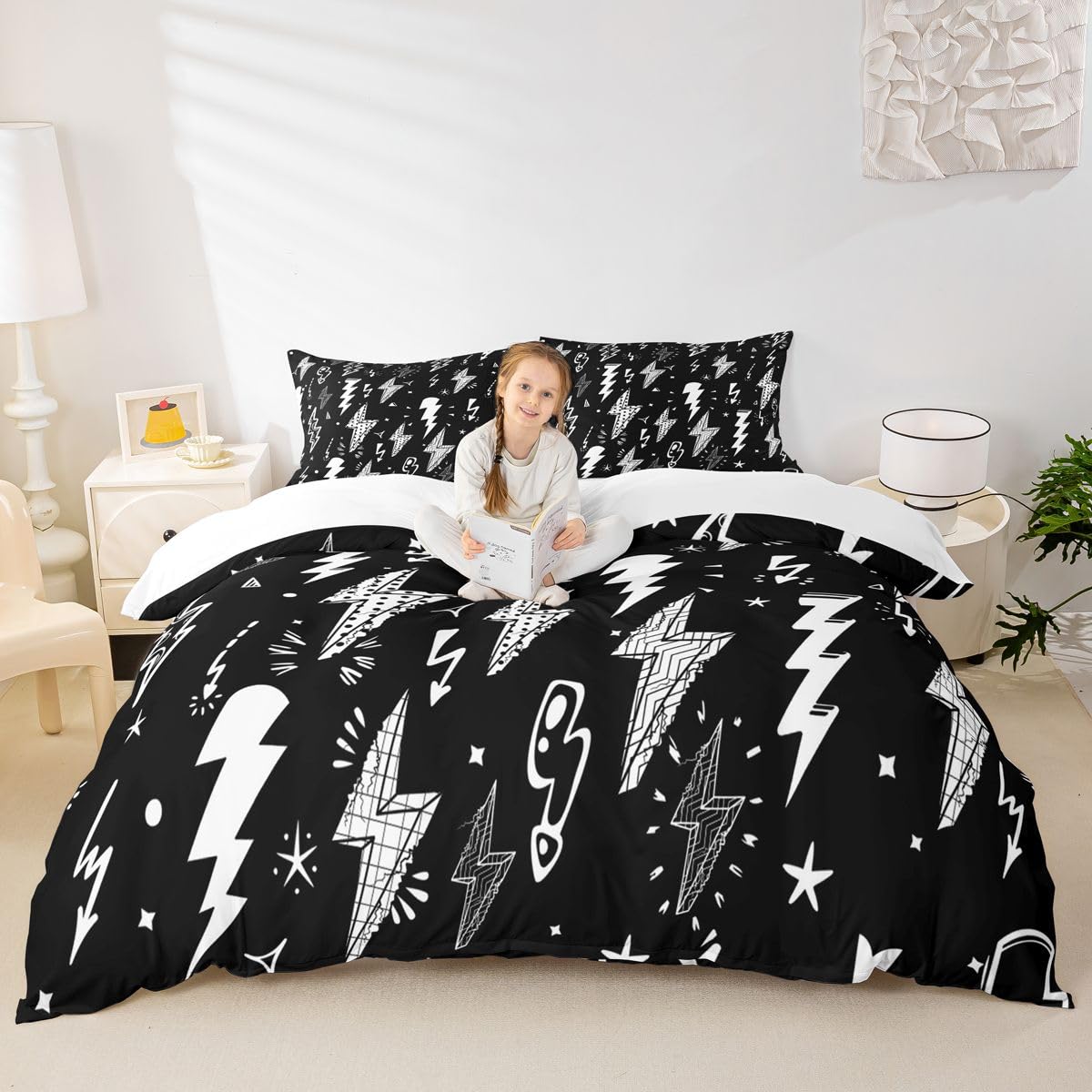 Homewish Lightning Duvet Cover Set Hand Drawn Doodle Lightning Bolt Bedding Set 3pcs for Kids Boys Thunderbolts Comforter Cover Microfiber Bedspread Cover with 2 Pillow Cases(No Comforter) King Size