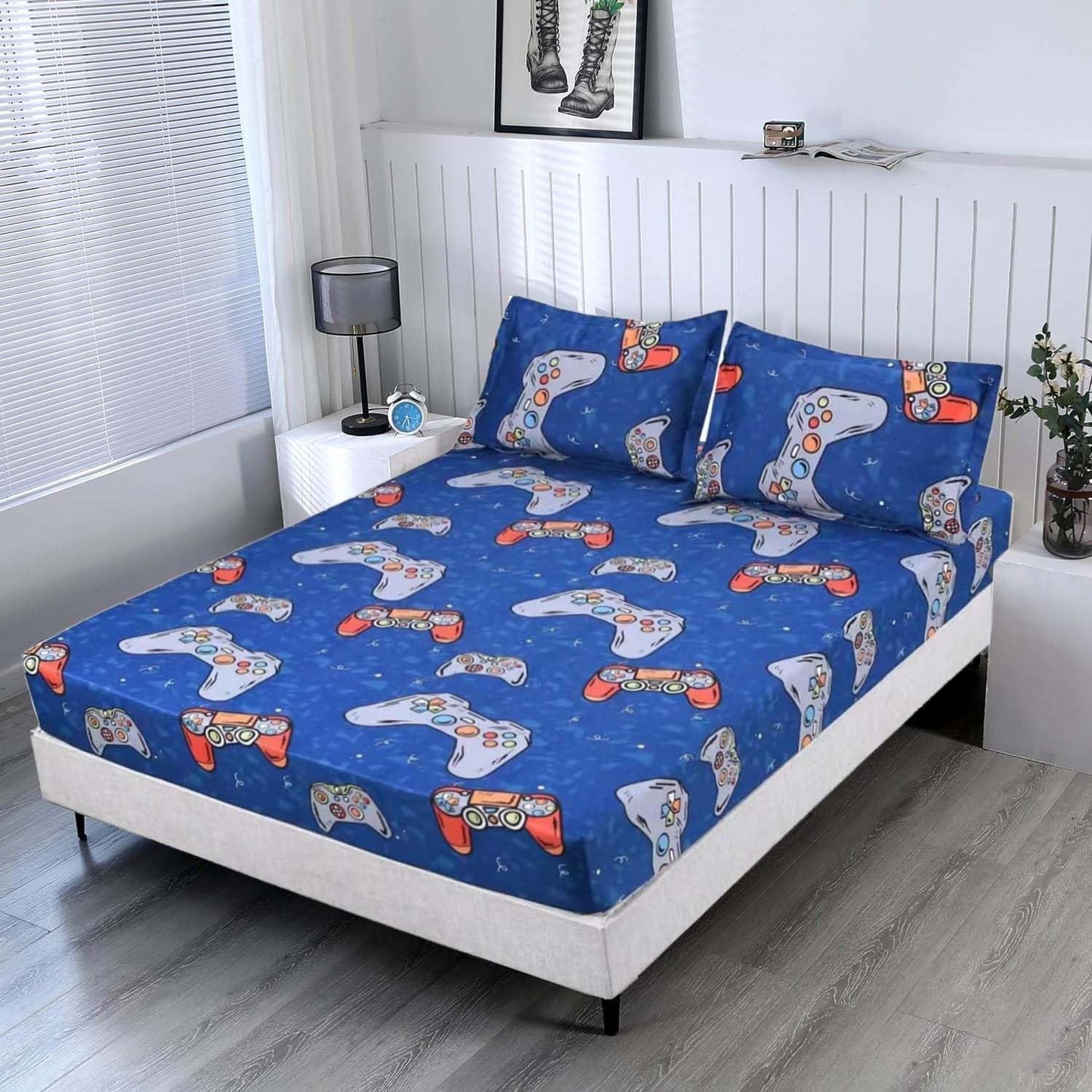 SDIII Blue Gamer Twin Fitted Sheet and 2 Pillowcases, Deep Pocket Soft Microfiber Gaming Bottom Sheet Twin for Kids Boys Girls Teens