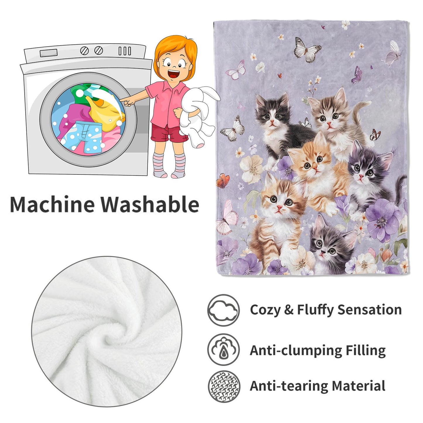 VODRM Adorable Kitten Blanket Cute Cat and Butterfly on Lavender Throw Blankets Gifts for Girls Women Adults Lightweight Soft Fleece Cozy for Sofa Couch Bed Room Travel Birthday Decor 50x60in