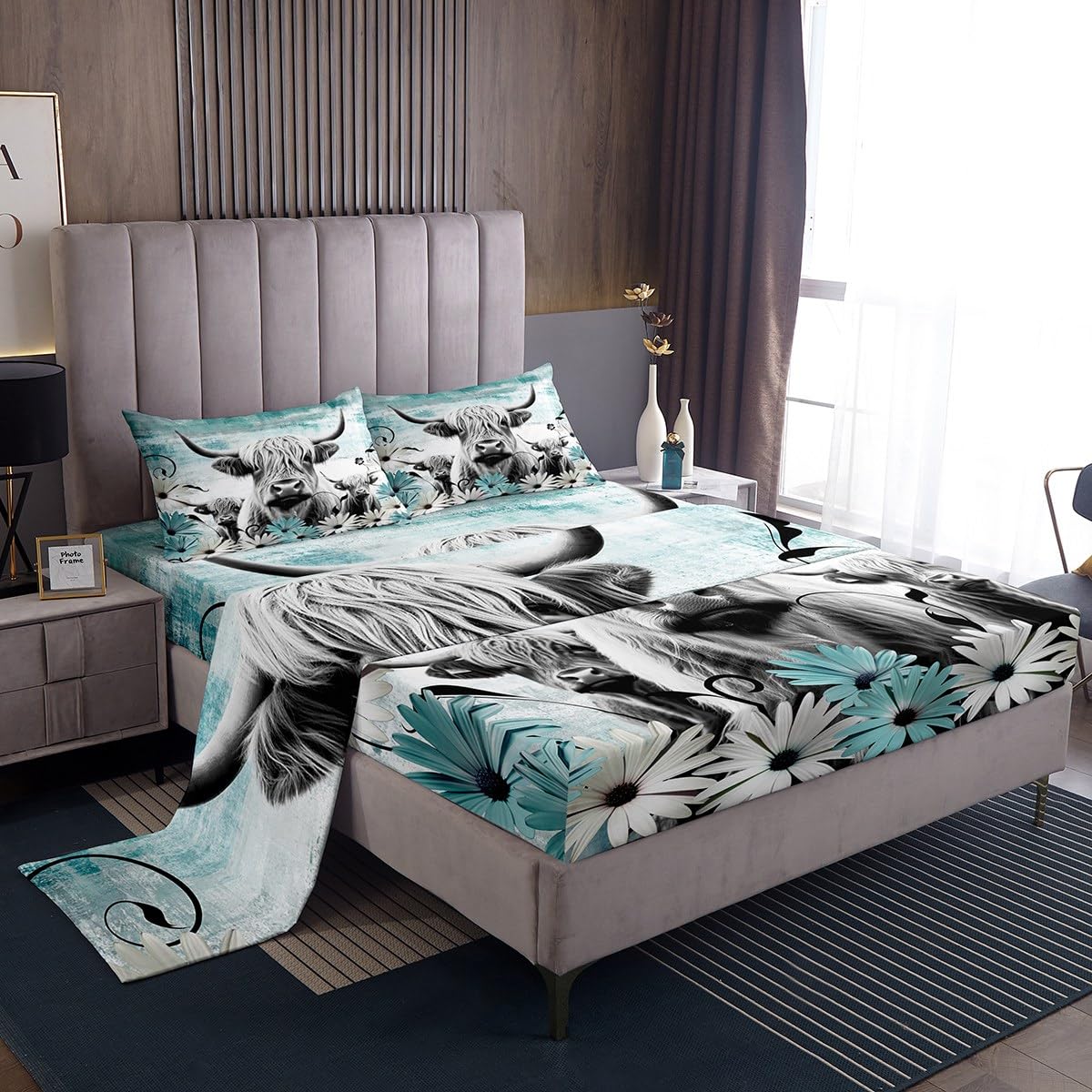Erosebridal Highland Cow Print Bed Sheets Queen,Teal Western Farmhouse Sheet Set Rustic Home Decor,Longhorn Cattle Farm Animals Fitted Sheet Graffiti Daisy Flowers Bed Set Cowboys Gifts for Men Women