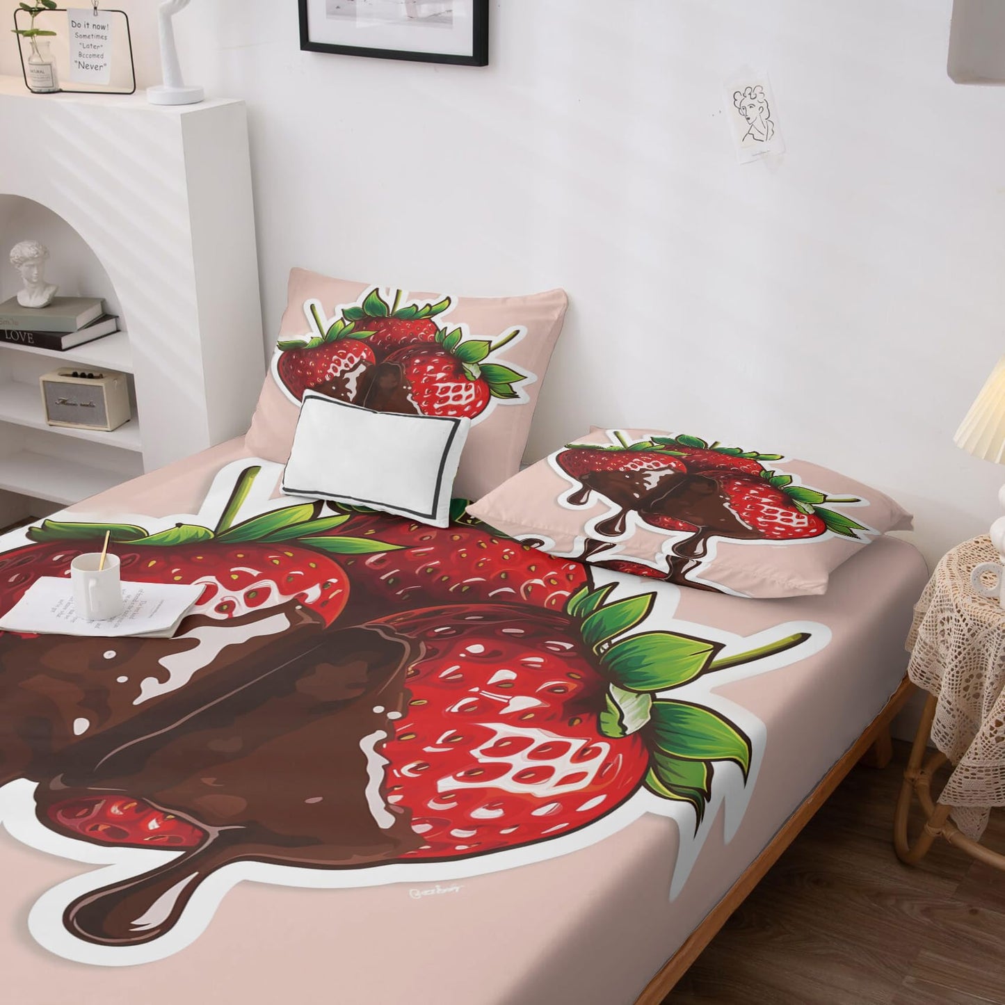 Rejkxyw King Size Sheets Set Cartoon Strawberry - Fruit Bed Sheets - Strawberries Sheet Set - 12 Inch Deep Pocket - Ultra Soft Winkle Free Microfiber Bedding Sheets & Pillowcases 4 Piece
