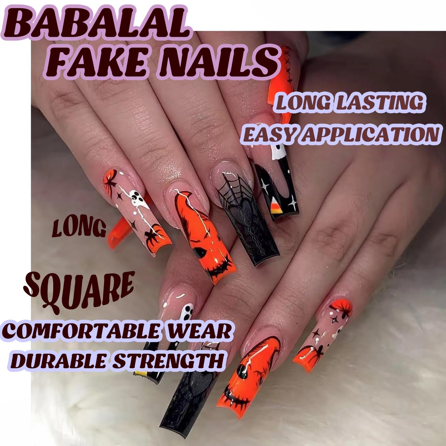 BABALAL Press on Nails Long Square Fake Nails Black Orange French Tip Glues ons Ghost Spider Web Halloween Goth Design 24Pcs Manicure Stick on Full Cover False Nails
