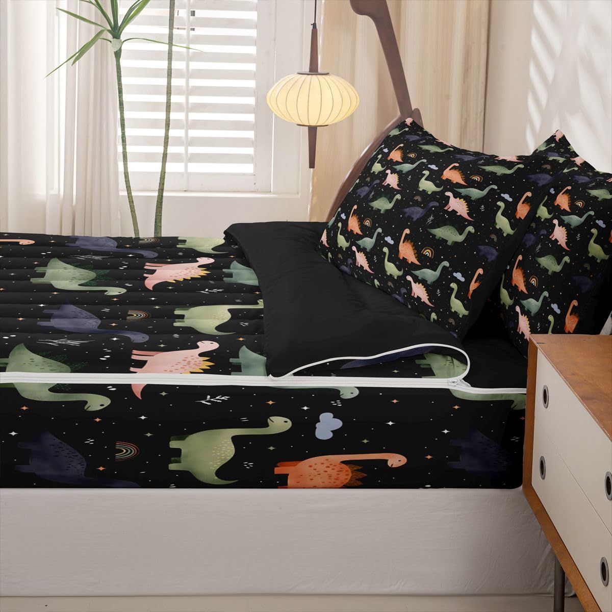 Feelyou Dinosaur Comforter Set Twin Size Zipper Bedding Set for Girls Boys 3D Digital Print Comforter with Fitted Sheet, Pillowcases Jungle Dino Zipper Bedding Soft Breathable Bed in a Bag
