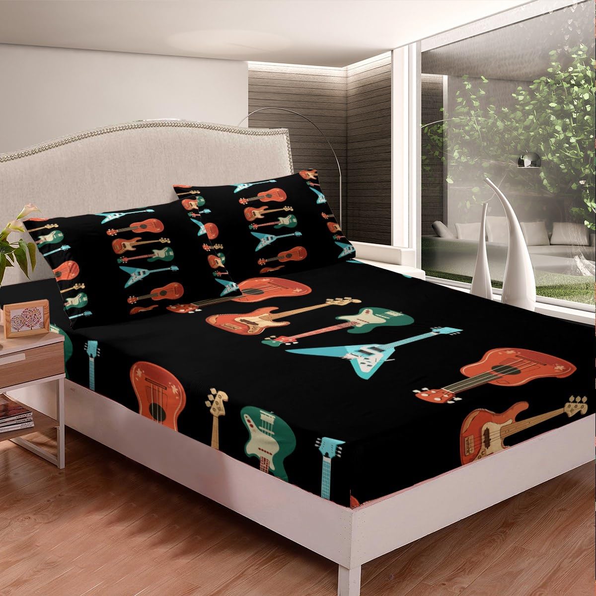 Erosebridal Guitar King Bed Sheets Set Music Theme Sheet Set for Kids Boys Girls Music Equipment Sheets Black Flat Fitted Sheet 4 Pcs Bedroom Decor