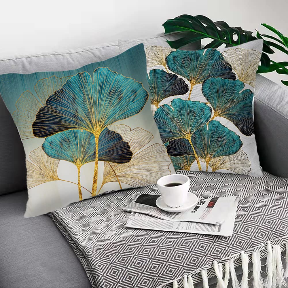 F Finerease Throw Pillow Cover Teal Ginkgo Leaves - 18 x 18 Inch Turquoise Pillow Cushion Cover - Set of 2 Square Cushion Case, Great for Sofa, Bedroom, Yard, Living Room Home Decor