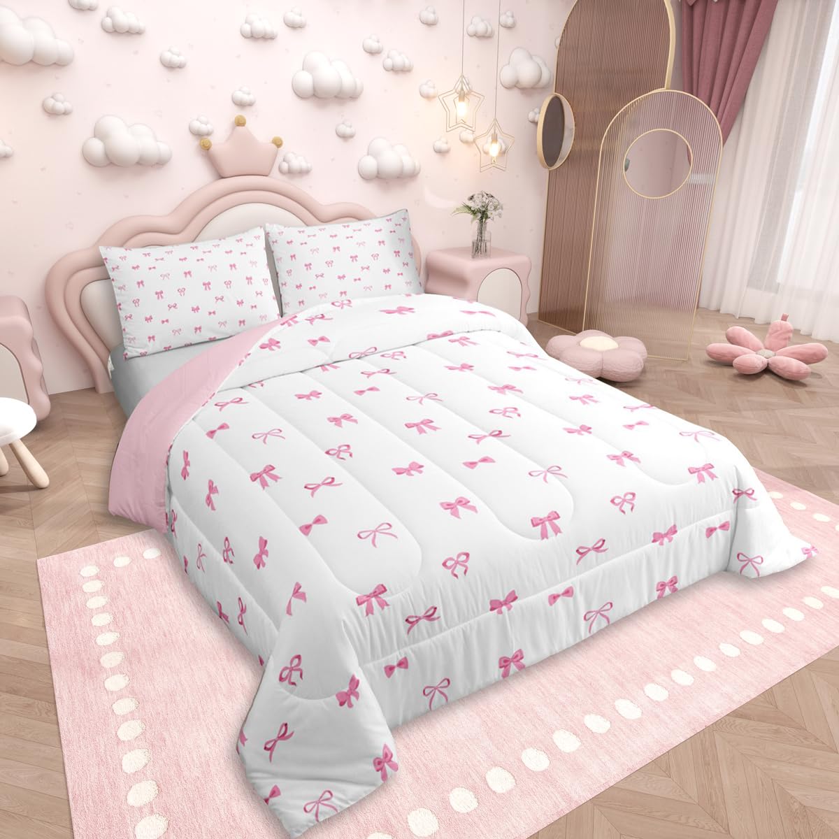 Erosebridal Bow Comforter Set Full Size, Girls Pink Bow Bedding for Kids Women Ultra Soft Cute Bowknot Comforter Kawaii Room Decor Duvet Set Coquette Princess Bowtie Quilt with 2 Pillow Cases