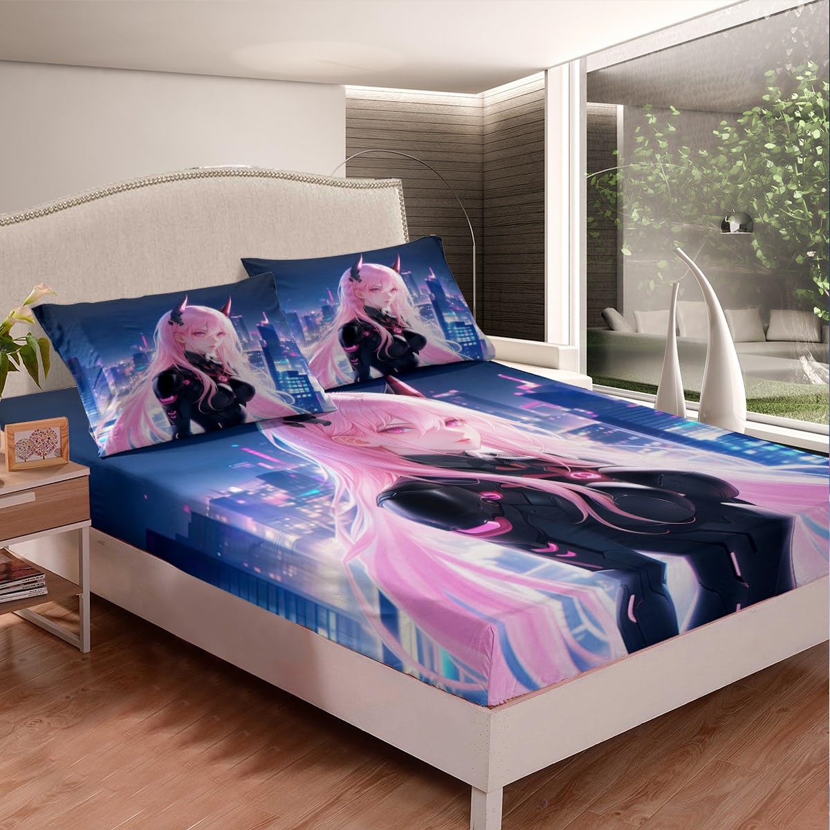 Erosebridal Japanese Anime Bed Sheets Full Size, Anime Girl Fitted Sheet Kawaii Japanese Style Bedding Set Cartoon Japan Animation Bed Set for Boys Teens Adult Women Bedroom Decor