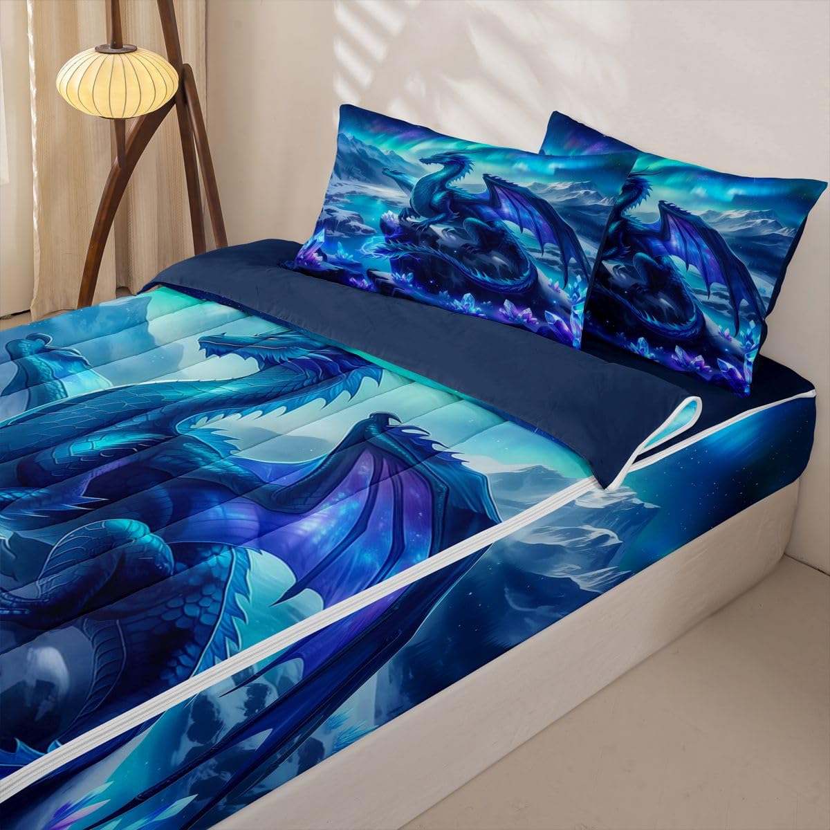 jejeloiu Flying Dragon Comforter Set Twin Fantasy Animal Zipper Bedding Set for Kids Boys Girls Outer Space Galaxy Bed in a Bag Aesthetic Aurora Microfiber with 2 Pillow Cases