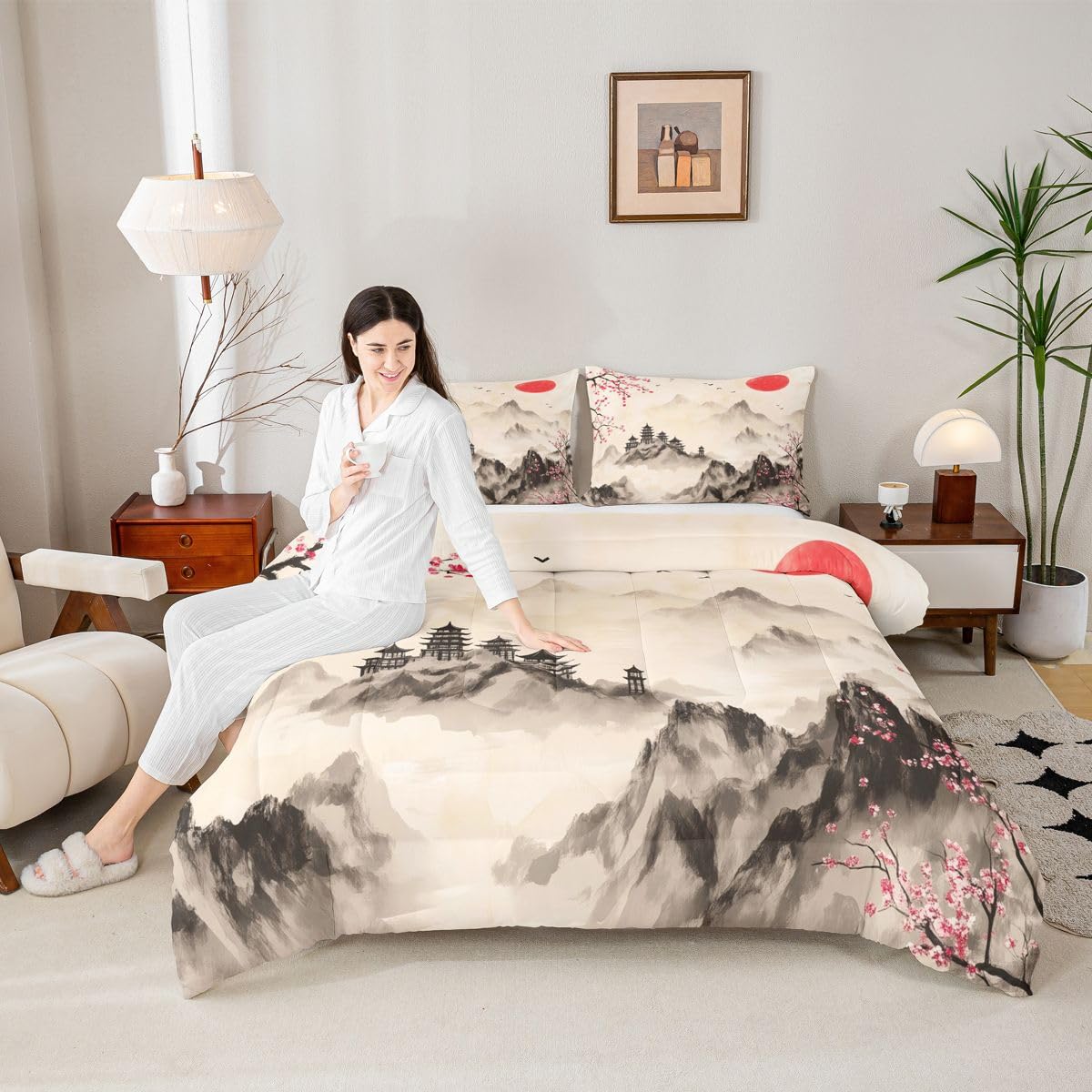 jejeloiu Chinese Ink Painting Comforter Set All Season Japanese Style Bedding Set with 2 Pillow Cases Mountain Red Sun Microfiber Kids Queen Bedclothes Cherry Blossom Bedroom Decor Duvet Quilt Soft