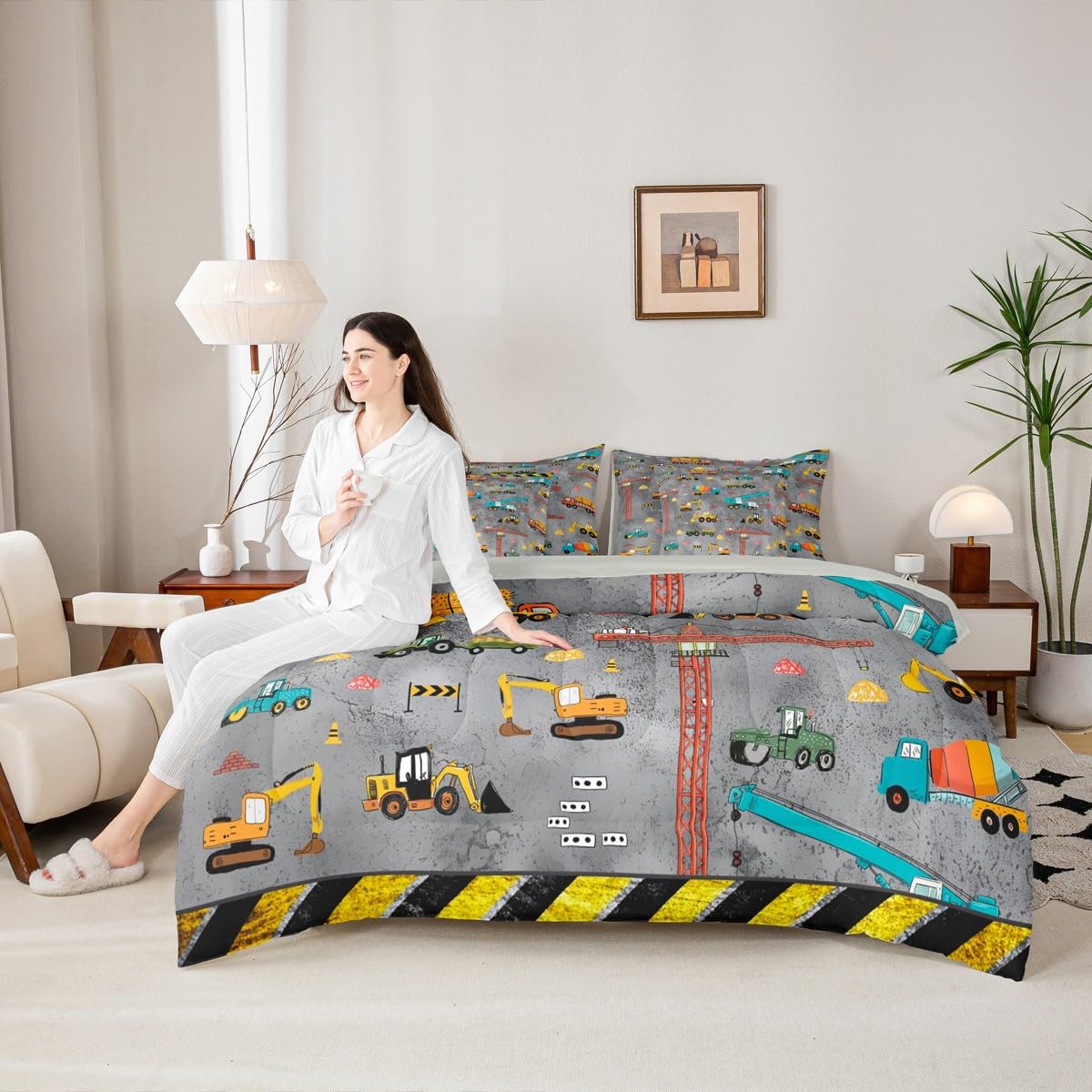 Erosebridal Kids Excavator Bed in A Bag 7 Piece Tractor Truck Comforter Set Twin Size Construction Vehicle Bedding Sets for Kids Teens Boys Girls Equipment Heavy Blender Sheet Set