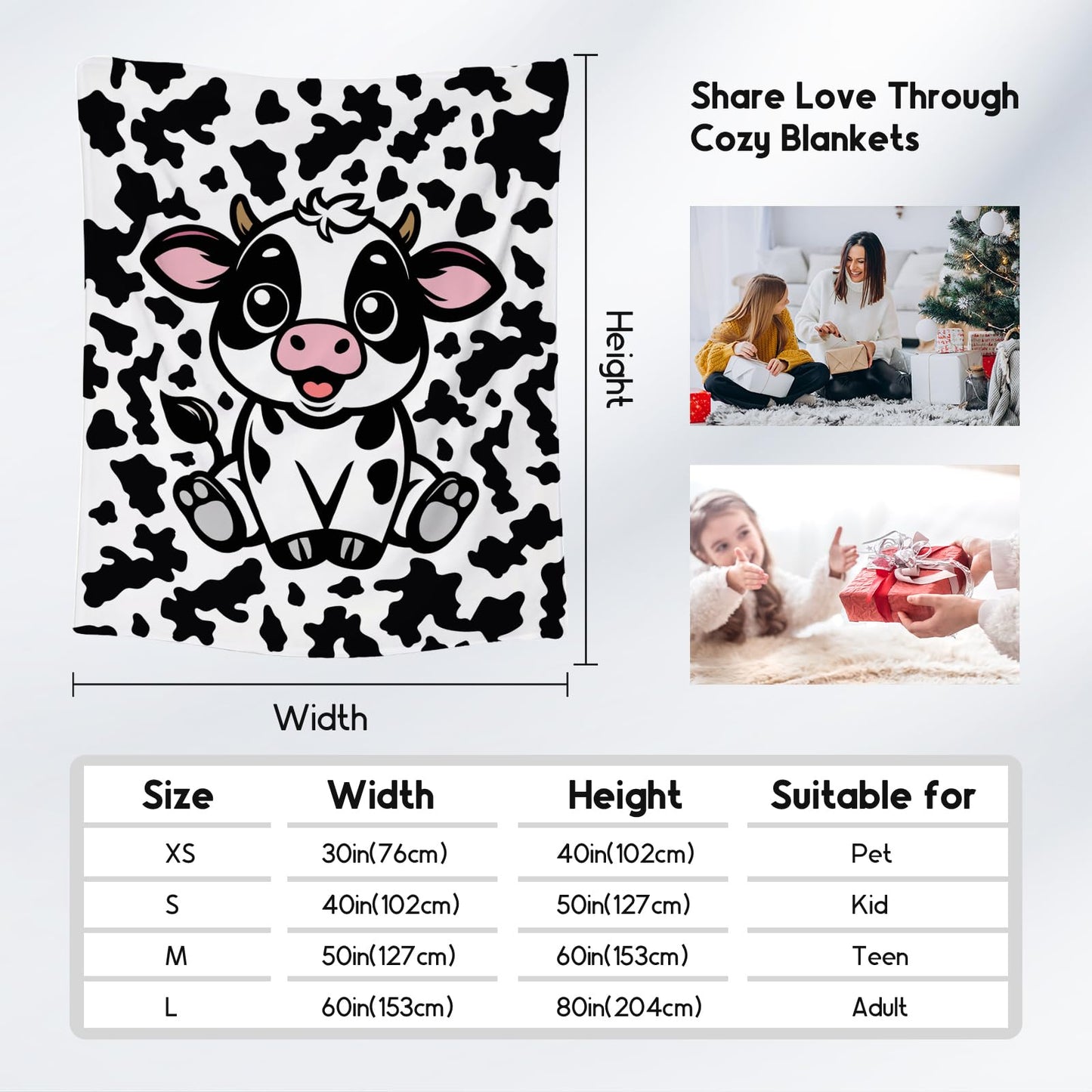 Cow Blanket, Cozy Soft Throw Gifts for Kids, Cute White Flannel Throw Blankets for Couch Office, 30x40 Inches