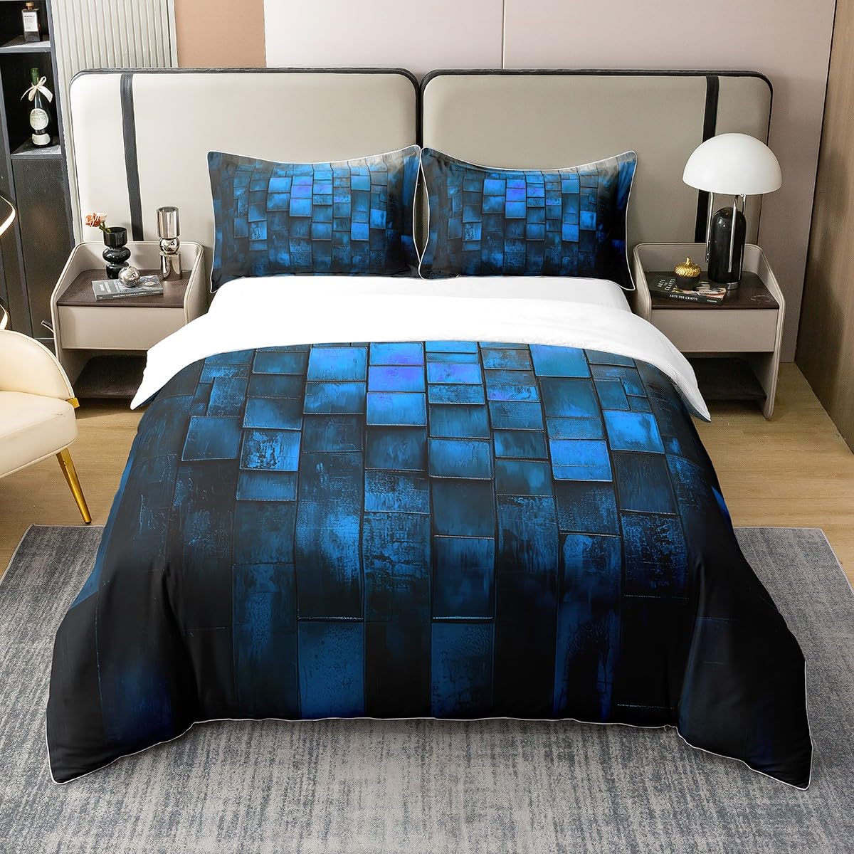 jejeloiu Blue Earth Black Duvet Cover 100% Cotton King Size Kids Abstract Geometric Comforter Cover for Boys Girls Teens Modern Art Bedding Set Breathable Soft Room Decor