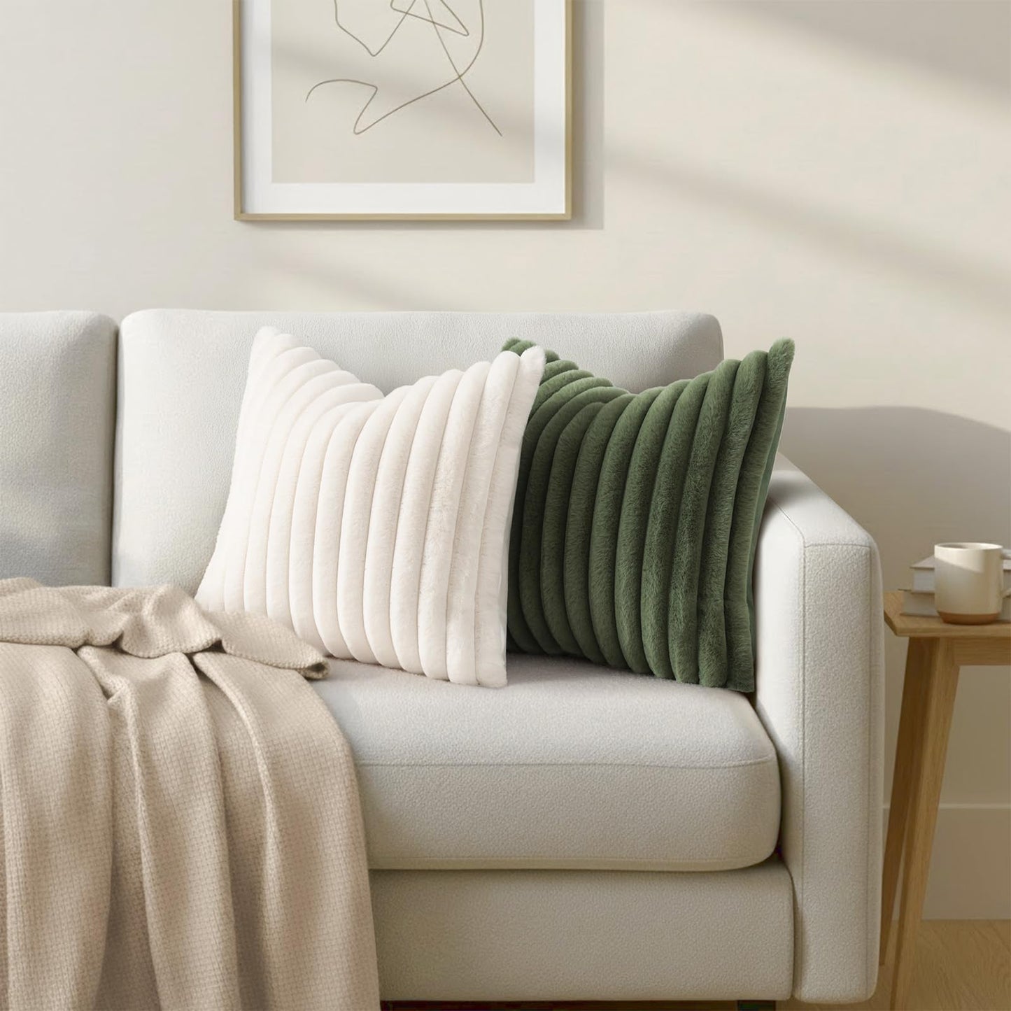 Simmore Faux Fur Couch Throw Pillow Covers 18x18 Set of 2, Decorative Soft Striped Plush Pillow Covers with Velvet Back for Sofa Bed Living Room, Sage Green