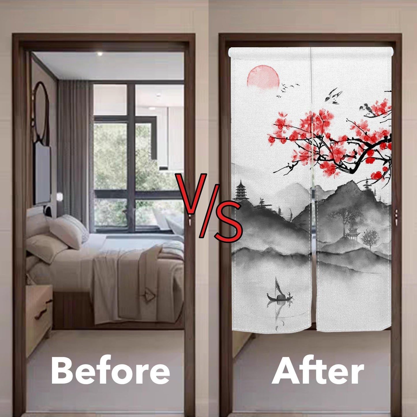 Leowefowa Japanese Noren Doorway Curtain Door Tapestry Traditional Chinese Cherry Blossoms Ink Mountain Painting Kitchen Door Curtains Hanging Room Divider Hallway Bathroom Home Decor, 33.5"x 70.9"