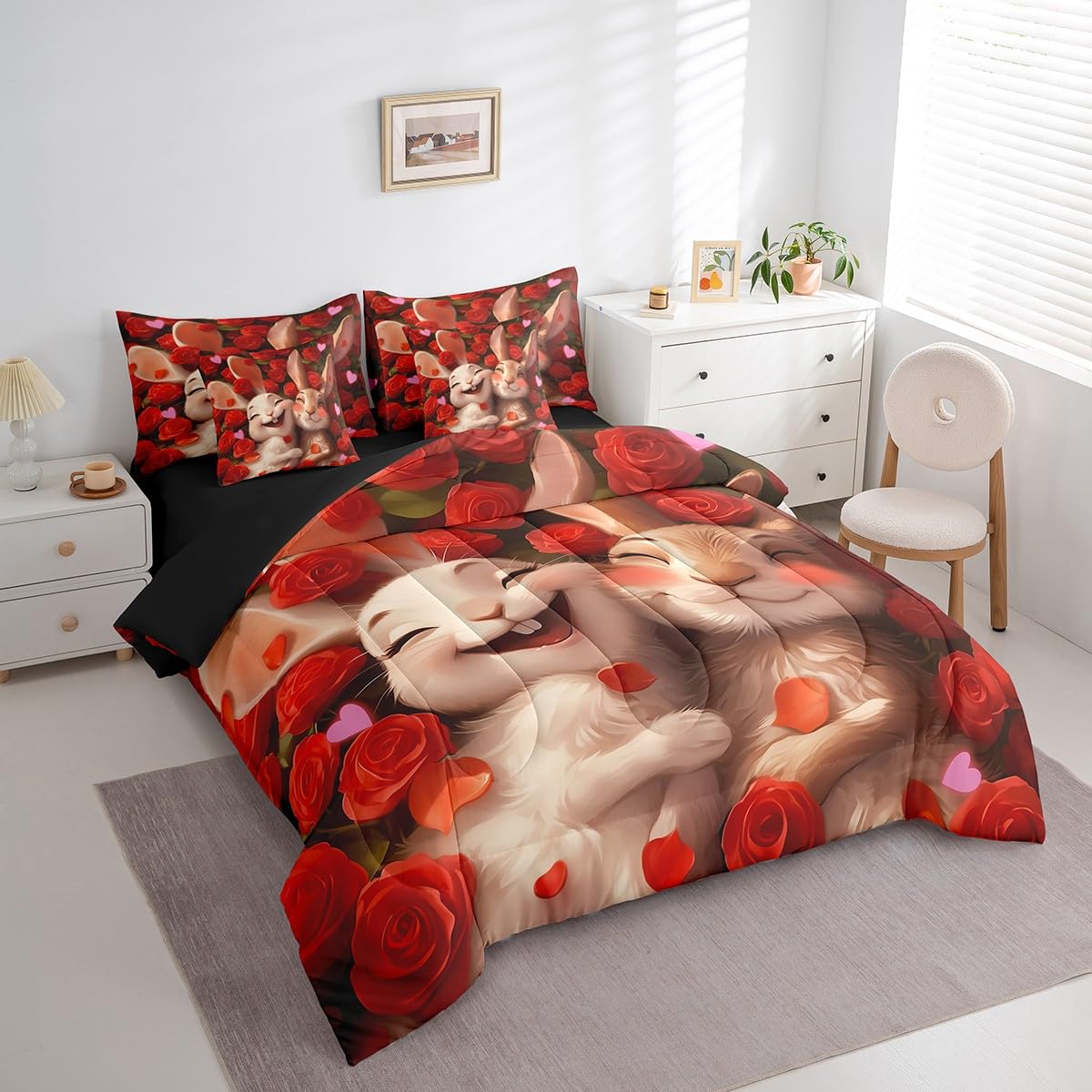 Erosebridal Cartoon Rabbit 7 Piece Bedding Set for Kids Teen Boys Girls,Valentine's Day Rose Comforter Set Full Size,Cute Animal Couple Bed in A Bag Red Romantic Flowers Love Sheet Set with Comforter