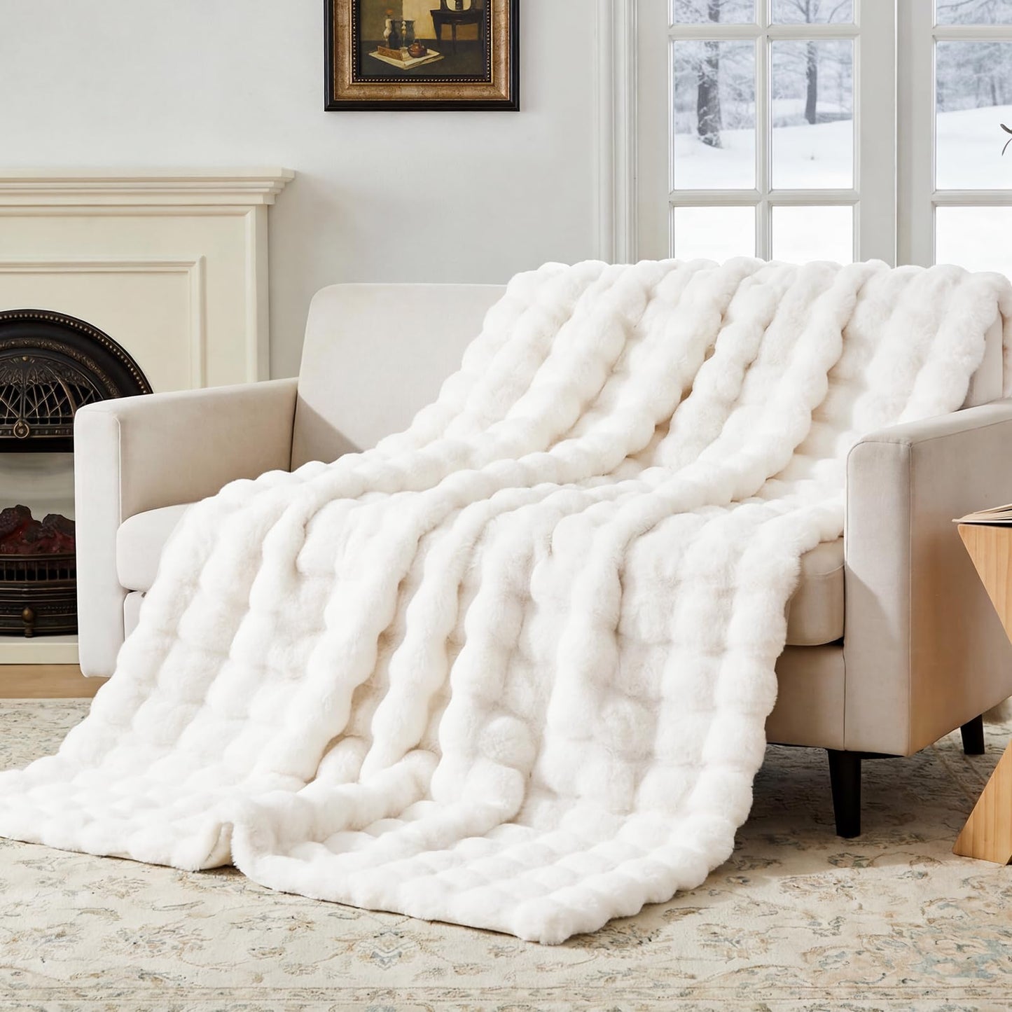 BEDCOOL Luxury Fluffy Faux Fur Throw Blanket, Soft Plush Thick Minky Bubble Blanket for Couch Sofa Bedroom Living Room, Perfect Home Decor Gift for Women, 50 * 60 in,White