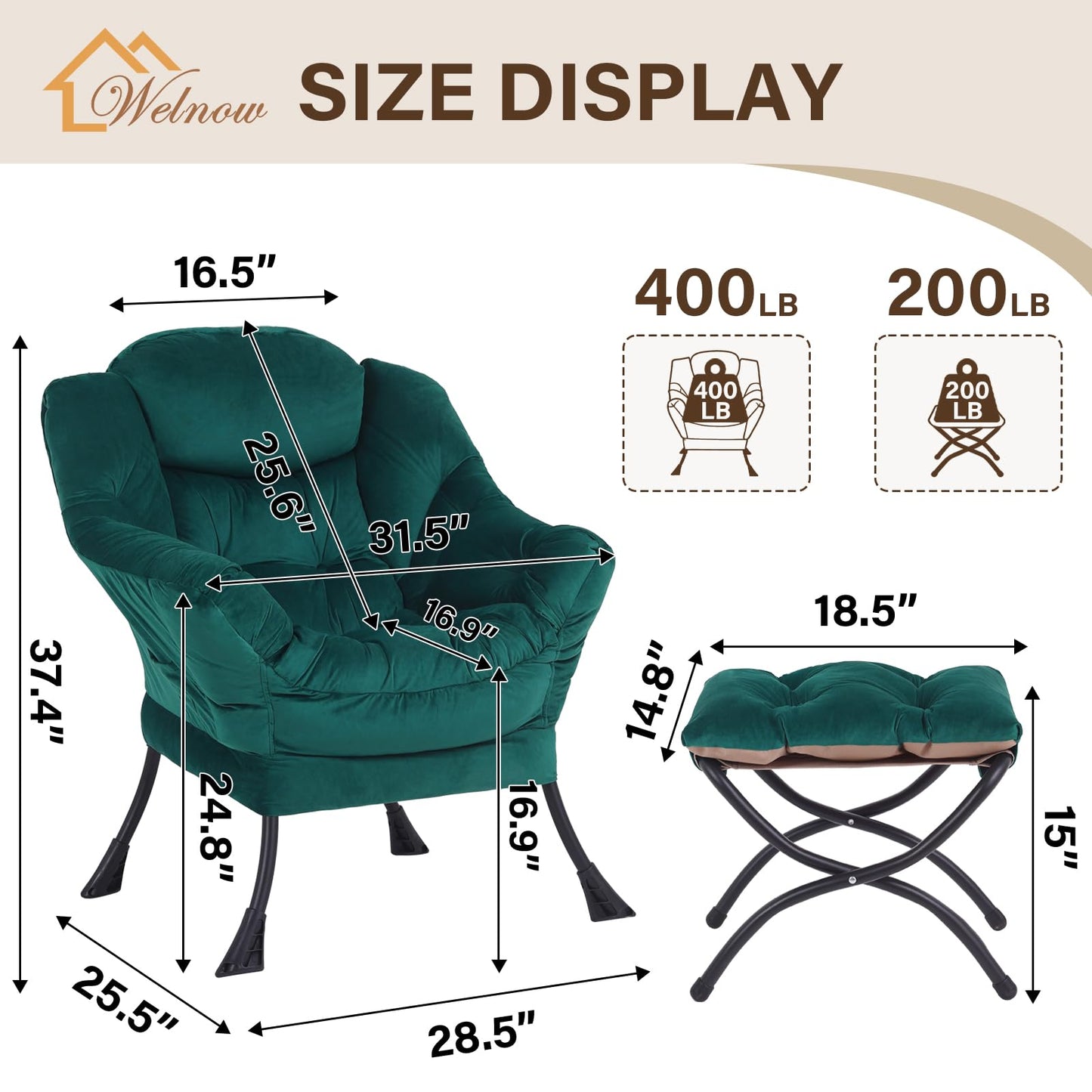 Welnow Lazy Chair with Ottoman, Modern Accent Chair with Armrests and a Side Pocket, Leisure Sofa Armchair, Reading Armchair with Footrest for Small Space, Dark Green