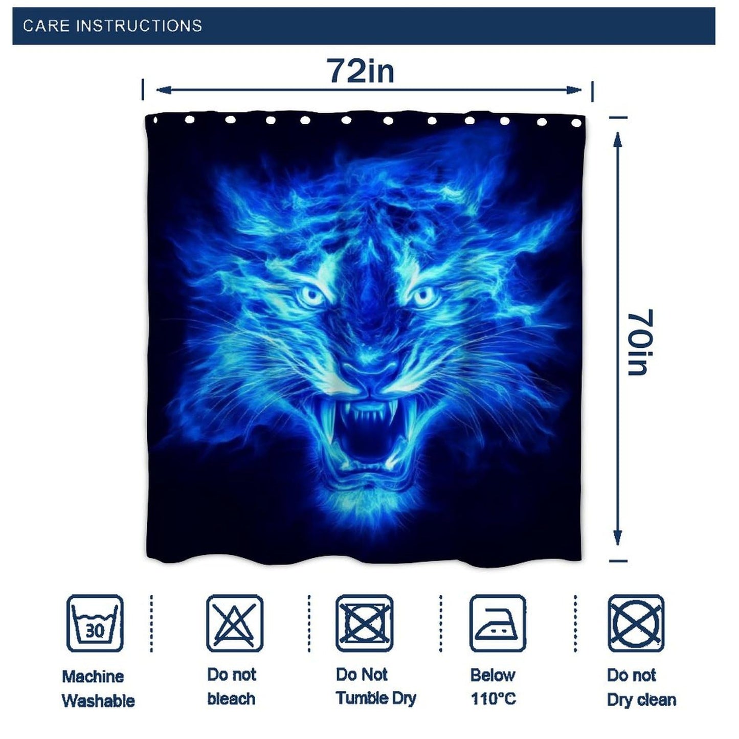 Fashion Waterproof Lightweight Shower Curtain, Blue Fire Tiger Hotel Bathroom Decorative Shower Curtain with Hooks, 72"x 70"