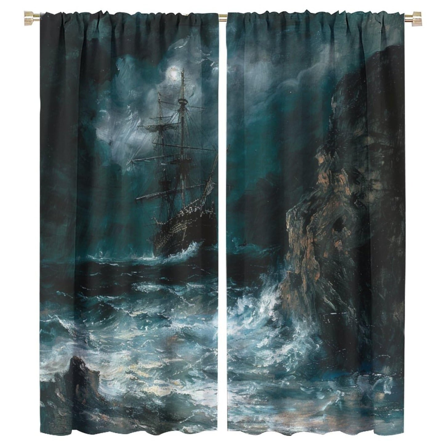 TOWINSFB Nautical Oil Painting Blackout Curtains for Bedroom Living Room, Sea Storm Pirate Ship Thermal Insulated Room Darkening Curtain - 42" W x 45" L