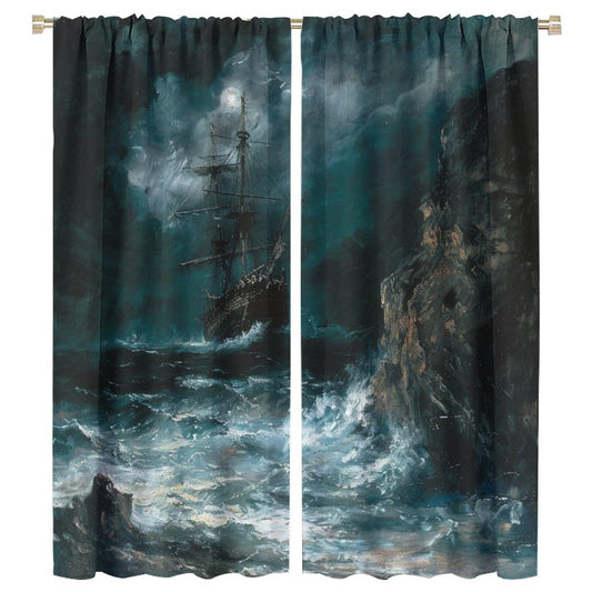 TOWINSFB Nautical Oil Painting Blackout Curtains for Bedroom Living Room, Sea Storm Pirate Ship Thermal Insulated Room Darkening Curtain - 42" W x 45" L