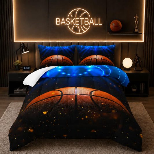 Nttopship Basketball Comforter Set for Boys Teens,3 Pieces Boys Basketball Court Bedding Queen Size Sport Comforter for Teen Boy Room Decor with 1 Comforter 2 Pillowcase
