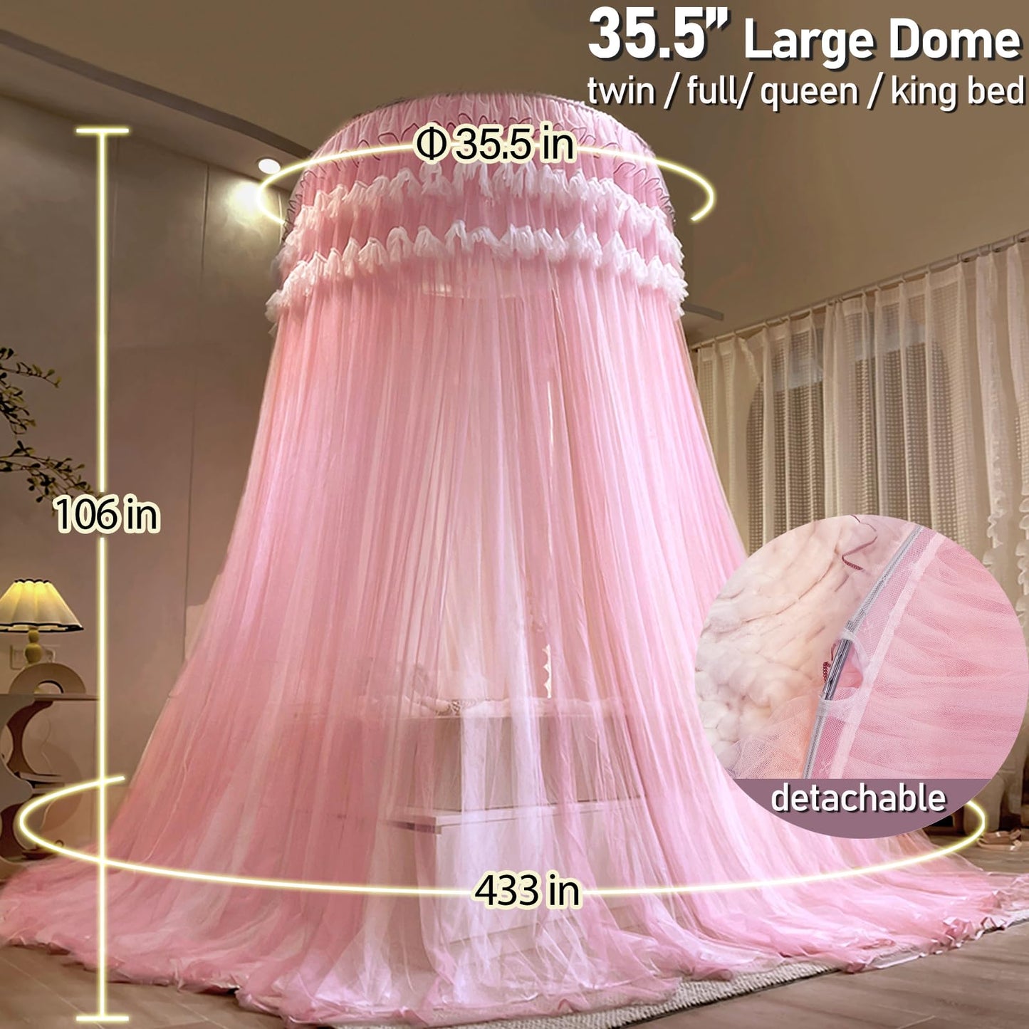 Kertnic Dreamy Bed Canopy for Girls, Princess Canopy Curtains Double Layer Sheer Mesh, Adults Canopies Netting Room Decor Tent Mosquito Net for Queen King Bed (Double Layer-Peach Pink)