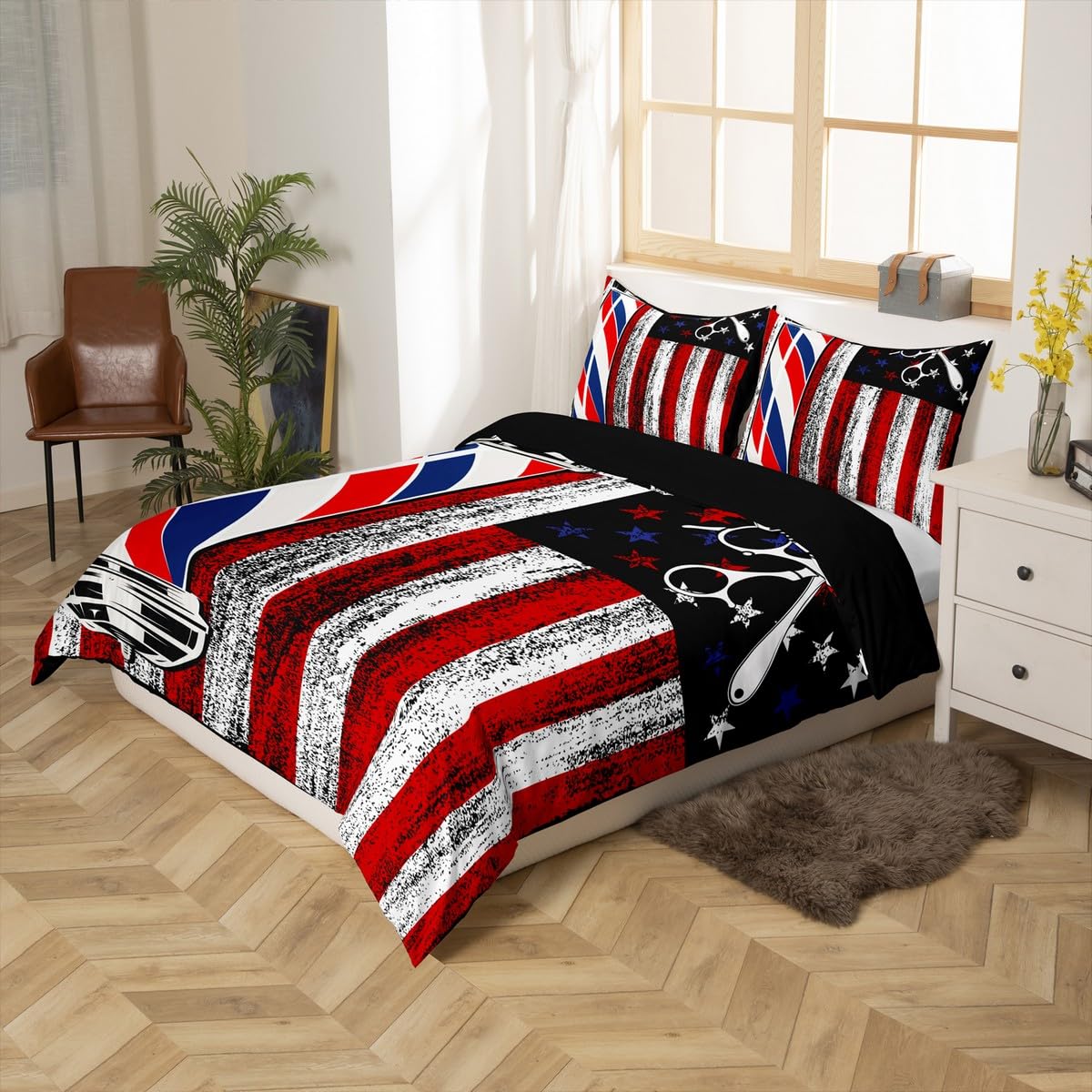 American Flag Duvet Cover Set Full Size,Retro Rustic Stars Stripes USA Flag Comforter Cover with 2 Pillowcases,Barber Haircut Themed Neon Light Breathable Bedspread for Boys Teens,Pillow Sham
