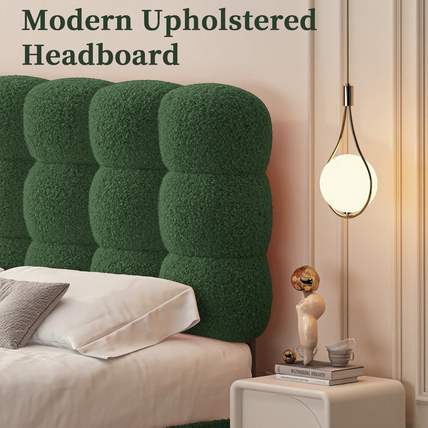BarnFurin Queen Bed Frame with Upholstered Headboard, Soft Boucle Fabric, Platform Bed with Strong Wooden Slats Support, Two Bed Forms Design, No Boxing Spring Needed, Easy Assembly, Green