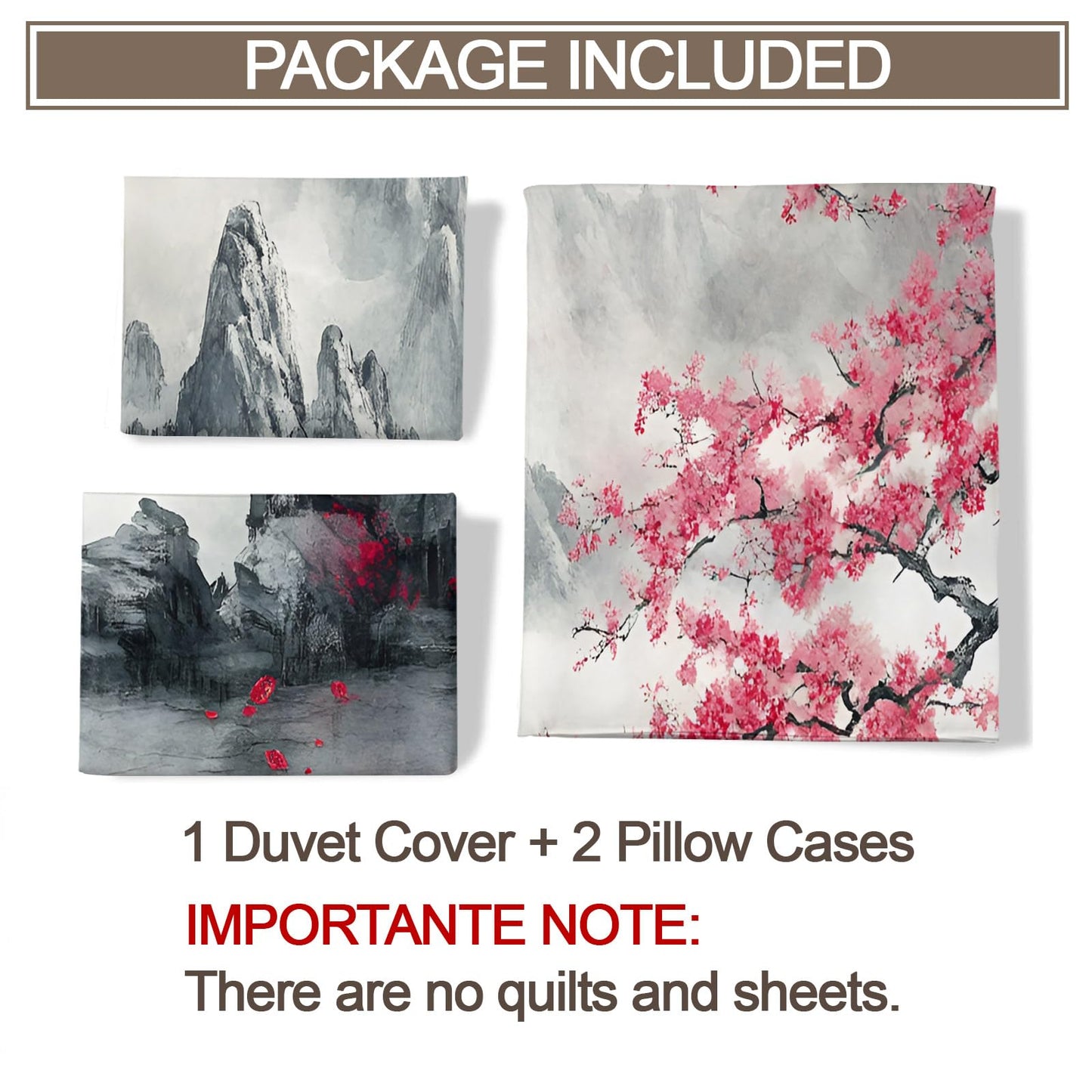 GKPLY Cherry Blossom Duvet Cover King, Mountain Bedding & Bedroom Decor, Traditional Floral Comforter, Zipper Closure, Misty Landscape Duvet Cover & 2 Pillowcases, Reversible Print