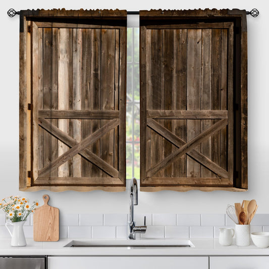 Aimego Farmhouse Wood Kitchen Curtains - Vintage Wooden Barn Door Country Small Short Tier Window Curtains for Bathroom Living Dining Room Decor Rod Pocket Window Drapes 36 Inch Length Set 28"x36"