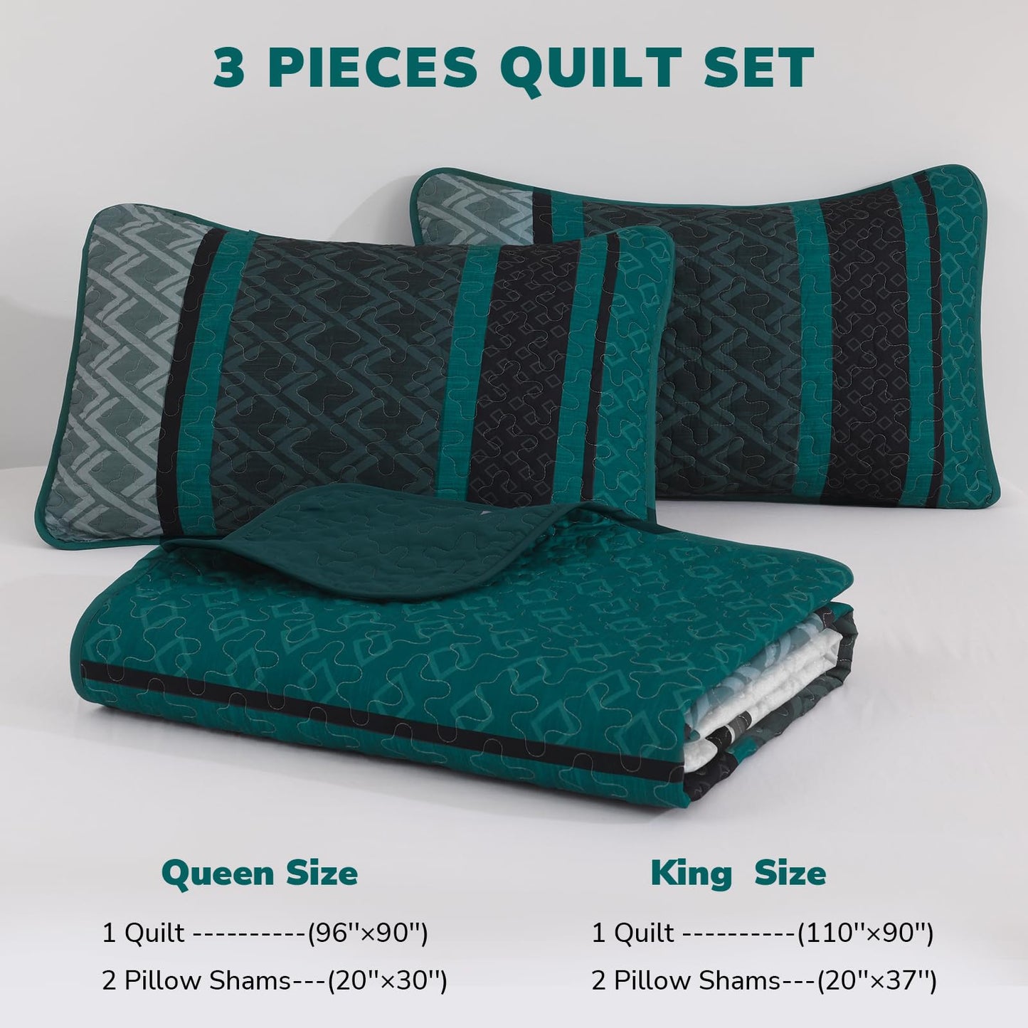 Dinjoy Boho Queen Quilt Set, Soft 3 Pieces Striped Bedspreads, Dark Green Bedding Sets Micofiber Lightweight Quilts with 2 Pillow Shams Coverlet Bed Sets for Women Men 96''x90''