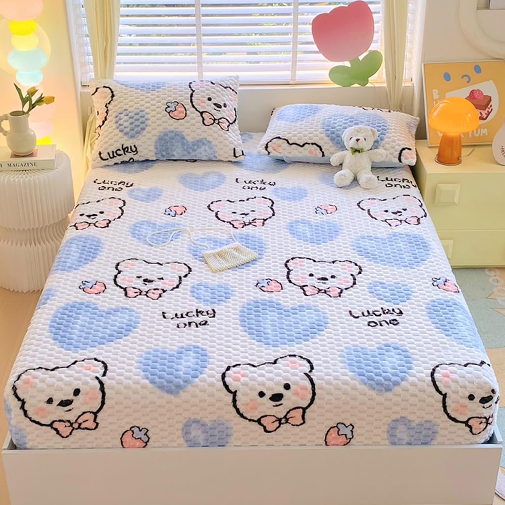 ZIQINPSQ Cozy Fleece Fitted Sheet Full Size - Ultra Soft Fuzzy Bed Sheets for Winter, Deep Pocket 15'' Velvet Plush Bottom Sheet Only (Anti-Static & Warm), Bear